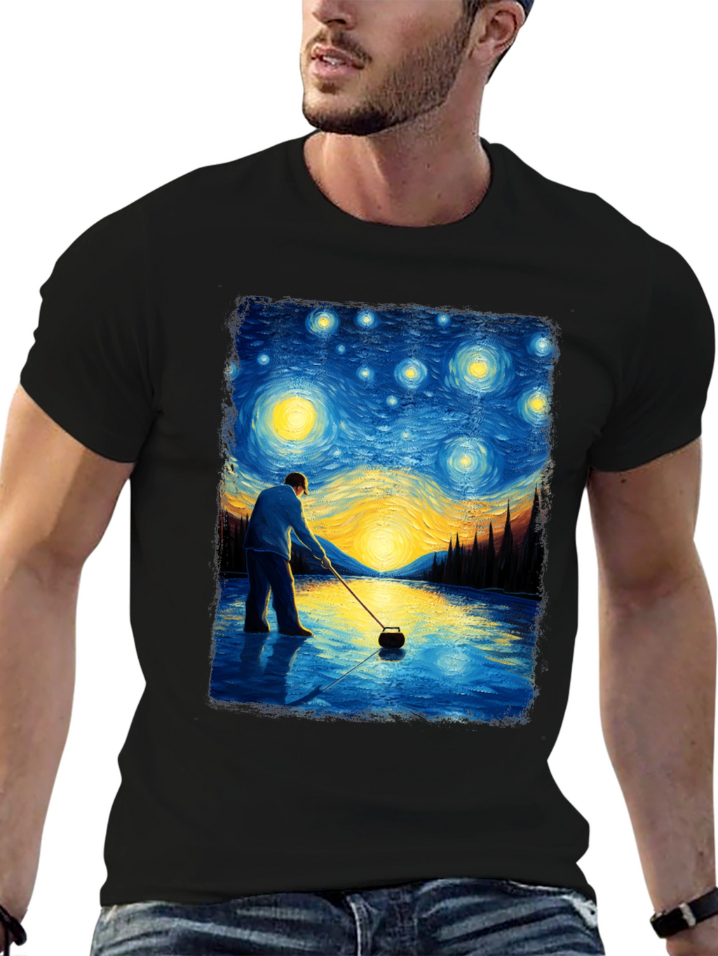 Starry Night Curling T-Shirt - Artistic Black Tee