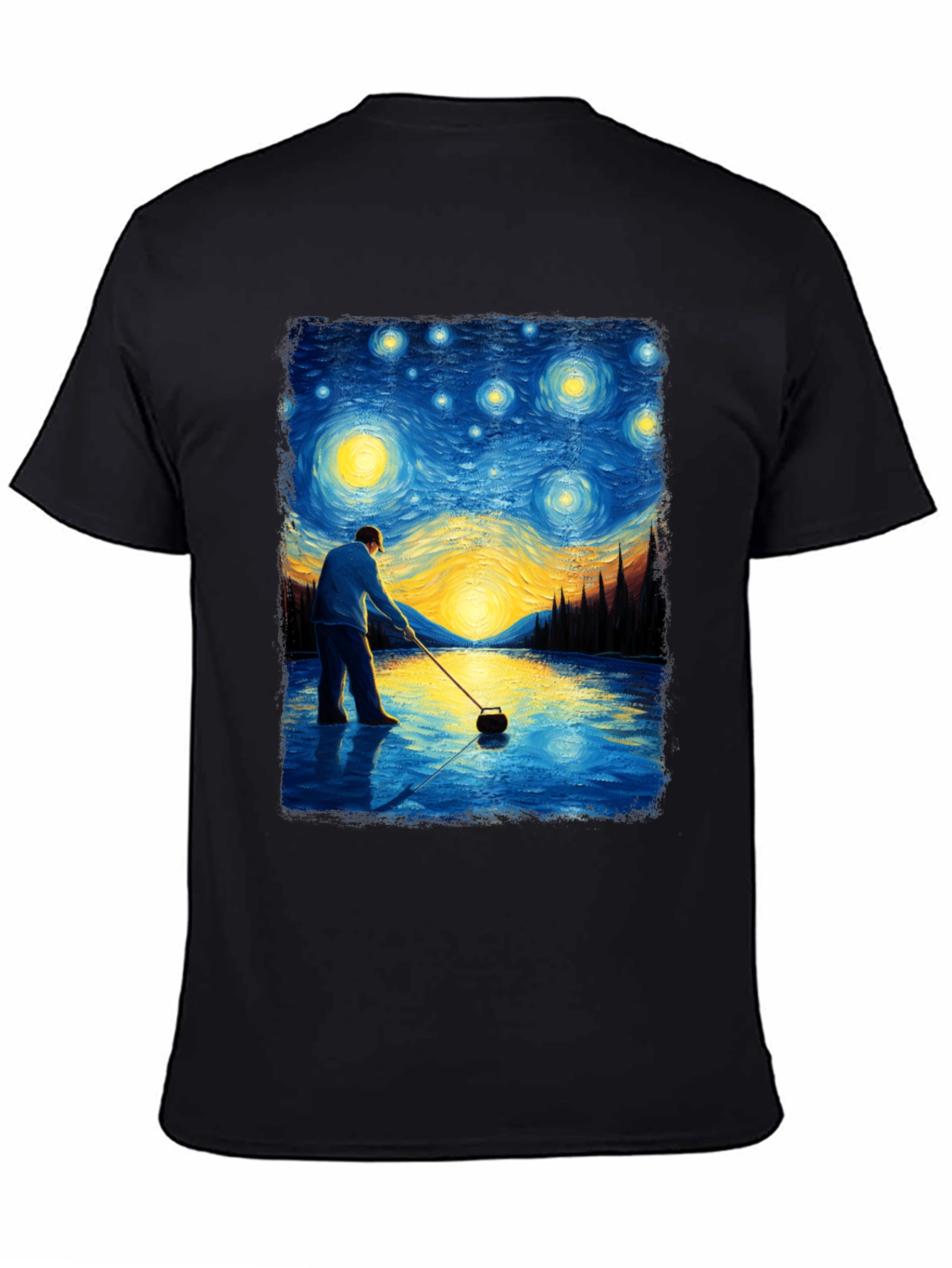 Starry Night Curling T-Shirt - Artistic Black Tee