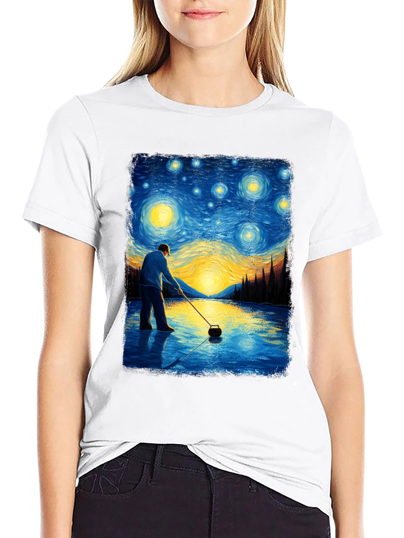 Starry Night Curling T-Shirt - Artistic Black Tee