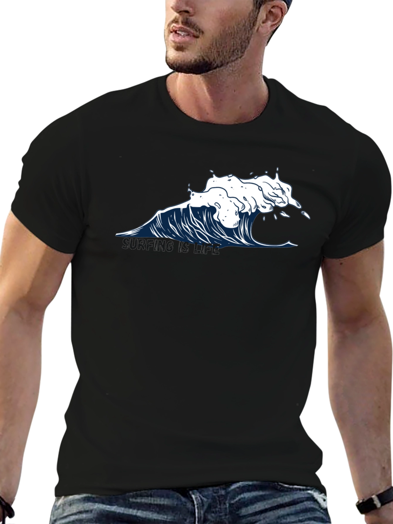 Wave Graphic T-Shirt - Black Cotton Tee
