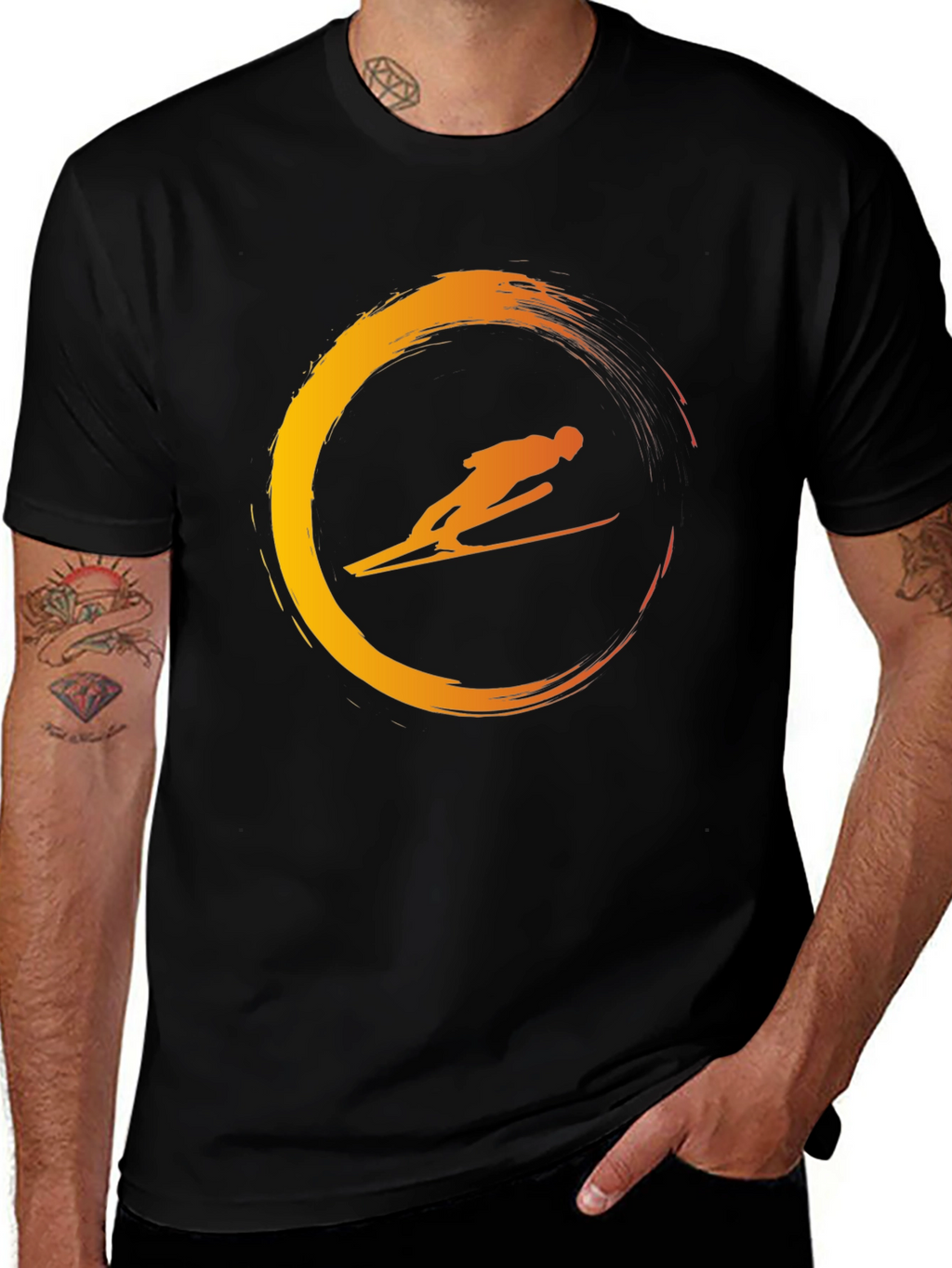 Mens Black T-Shirt with Skier Graphic