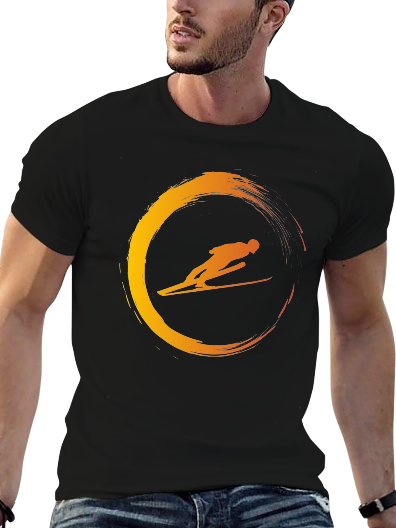 Mens Black T-Shirt with Skier Graphic