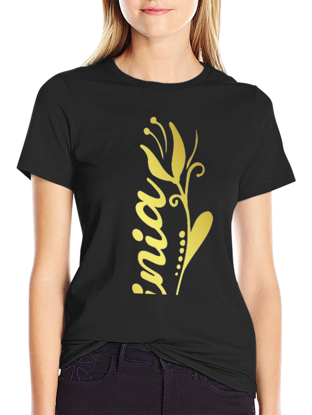 Black T-Shirt with Floral Design