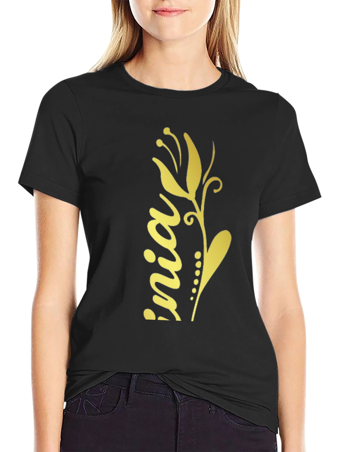 Black T-Shirt with Floral Design