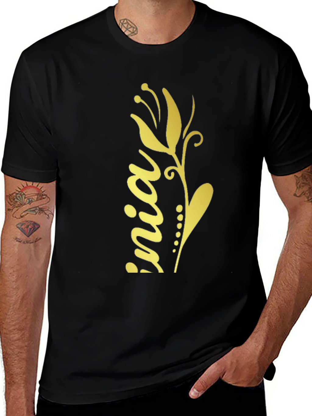 Black T-Shirt with Floral Design