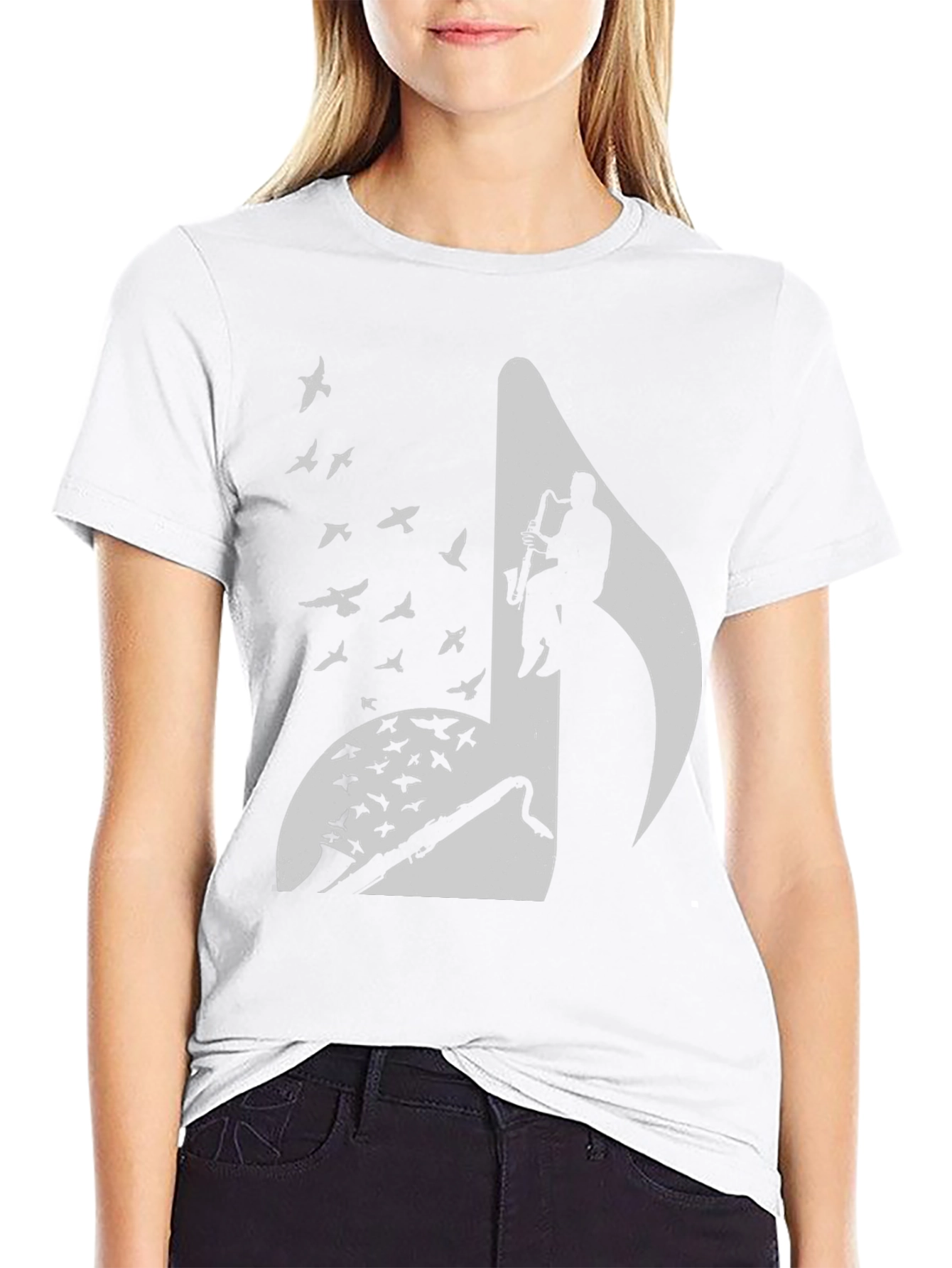 Musical Note Graphic Tee - Saxophone Player & Birds