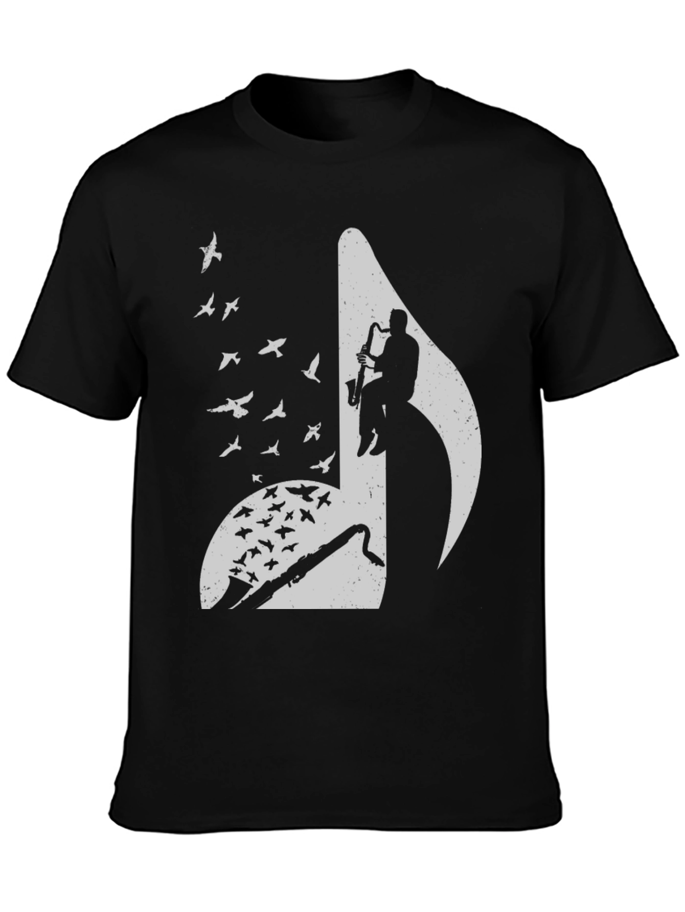 Musical Note Graphic Tee - Saxophone Player & Birds