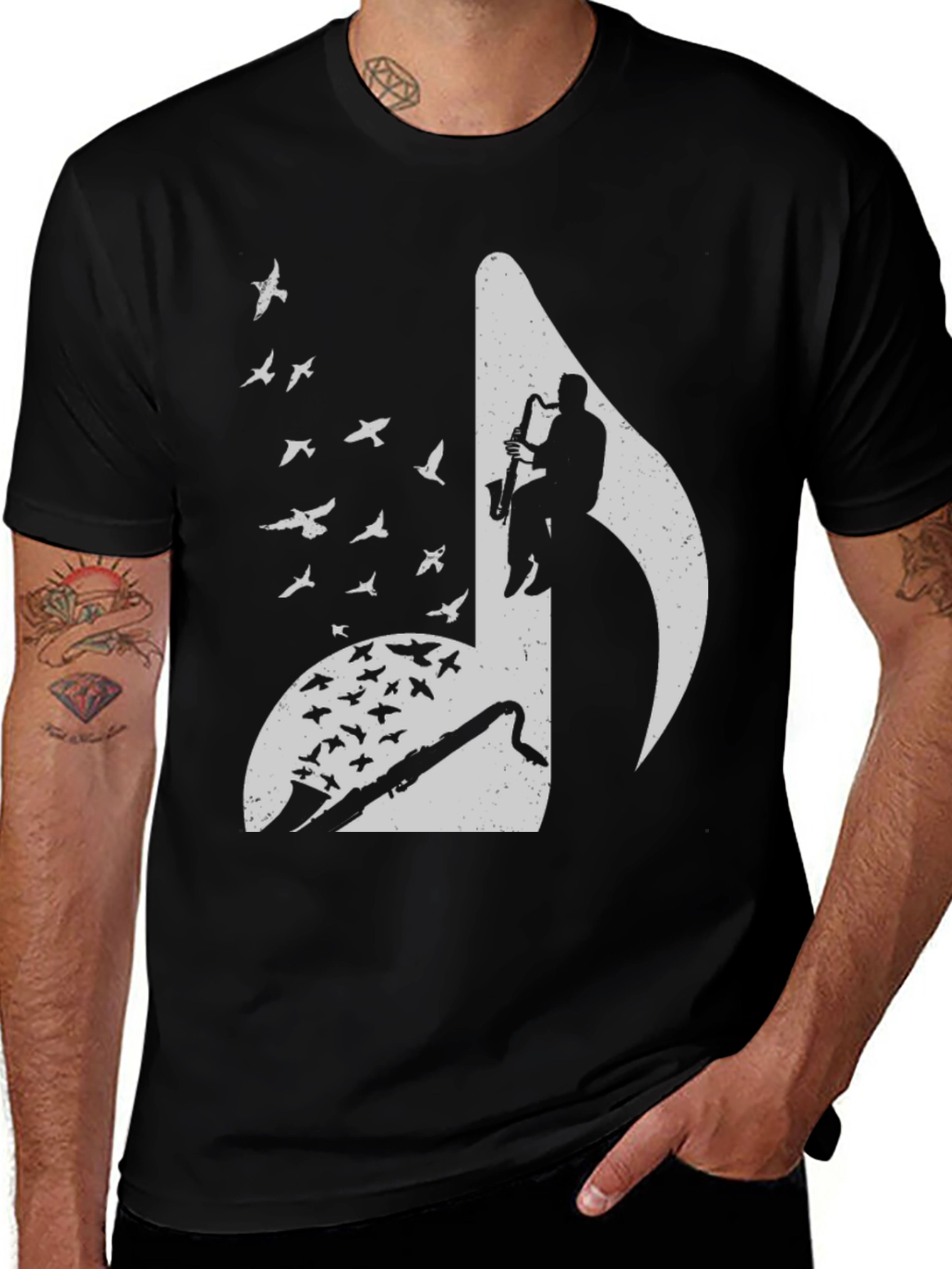 Musical Note Graphic Tee - Saxophone Player & Birds