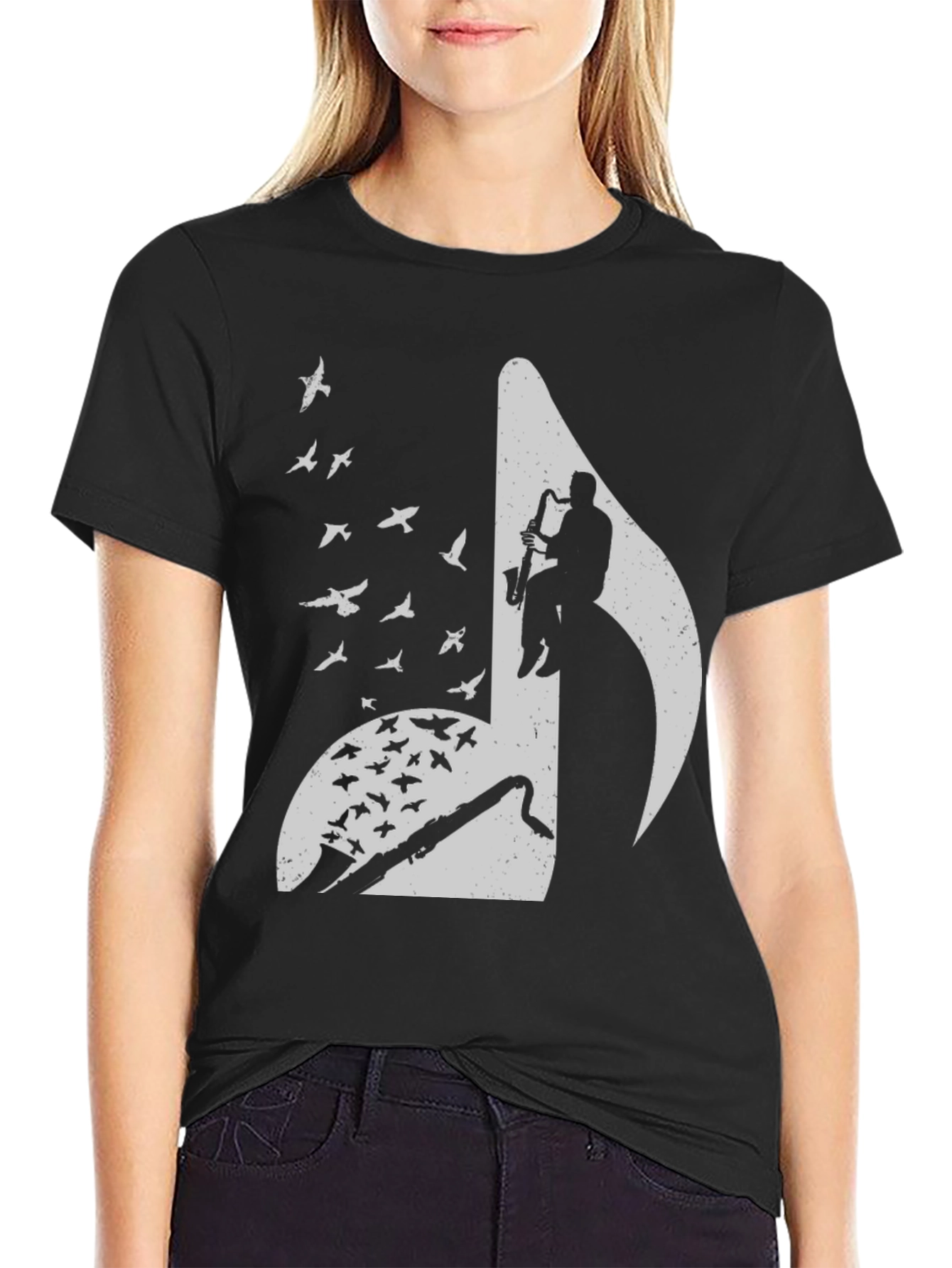Musical Note Graphic Tee - Saxophone Player & Birds