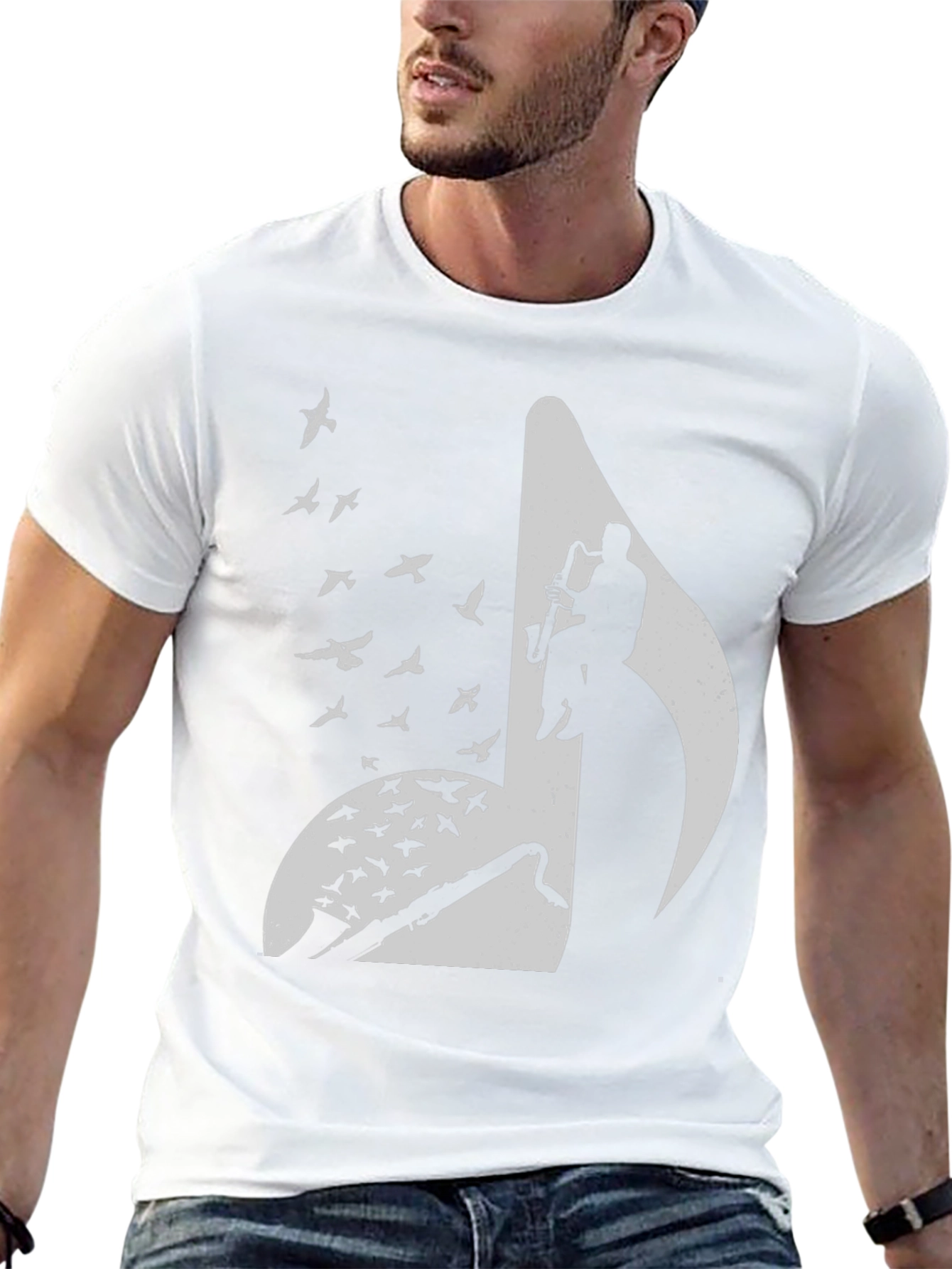 Musical Note Graphic Tee - Saxophone Player & Birds