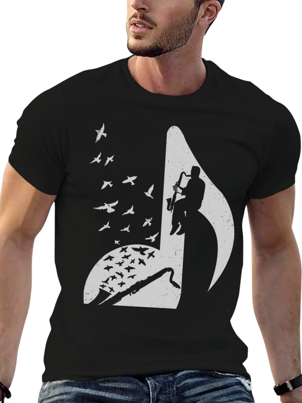 Musical Note Graphic Tee - Saxophone Player & Birds