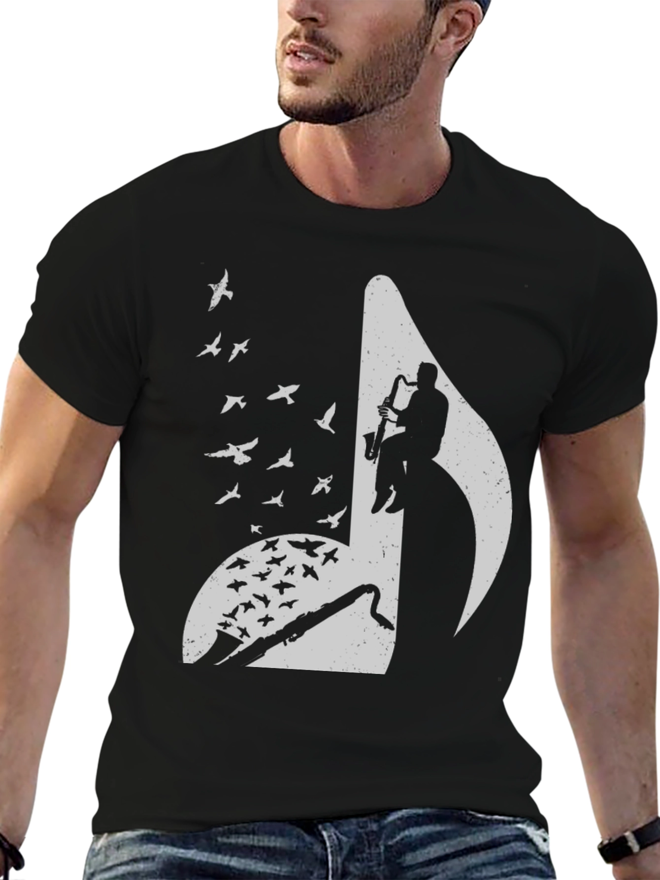 Musical Note Graphic Tee - Saxophone Player & Birds