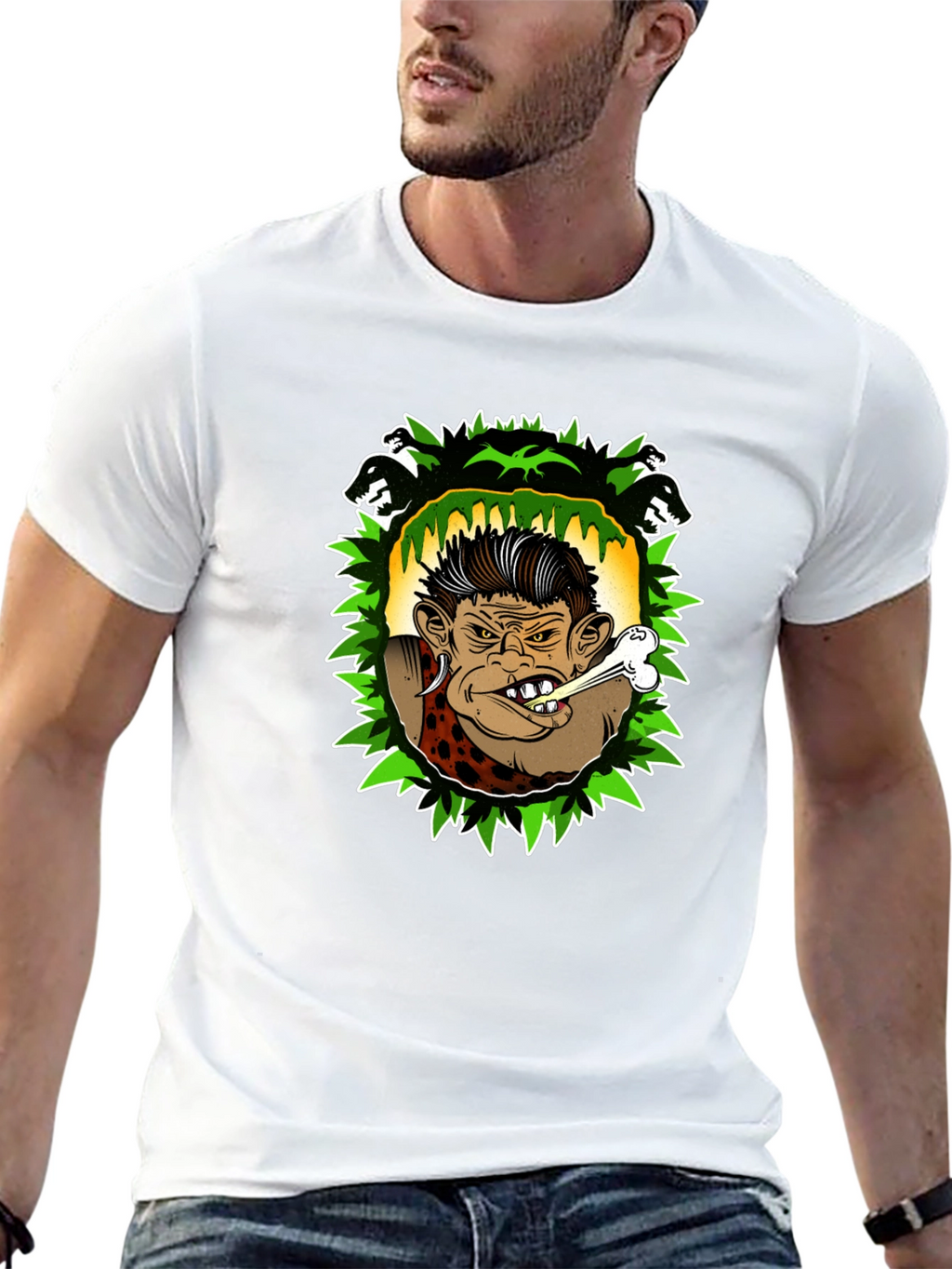 Caveman Cartoon Graphic Black T-Shirt