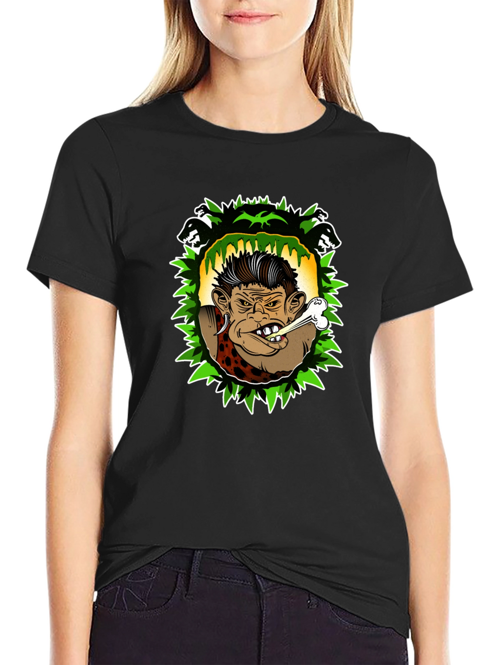 Caveman Cartoon Graphic Black T-Shirt