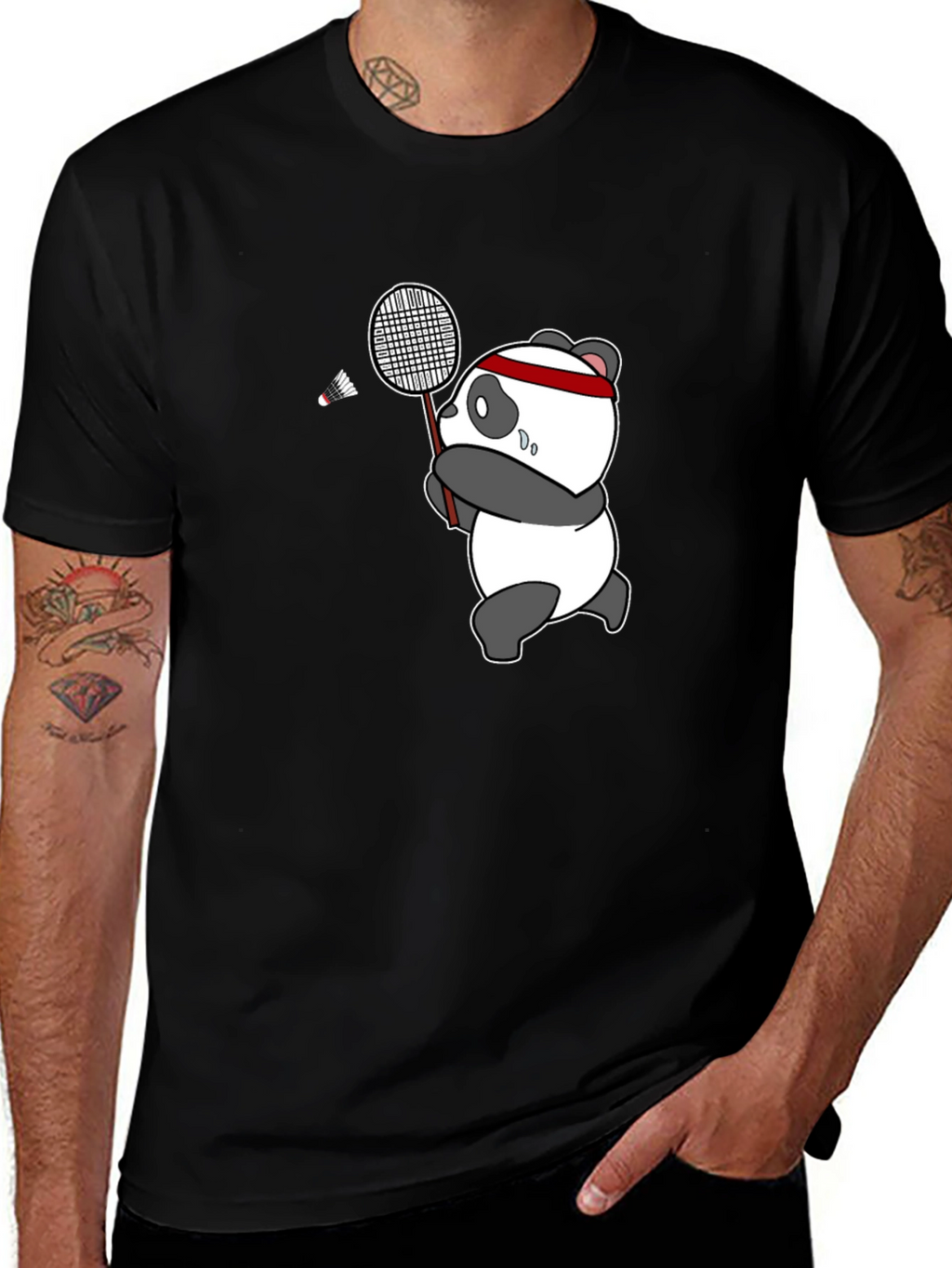 Panda Badminton T-Shirt - Black Cotton Tee