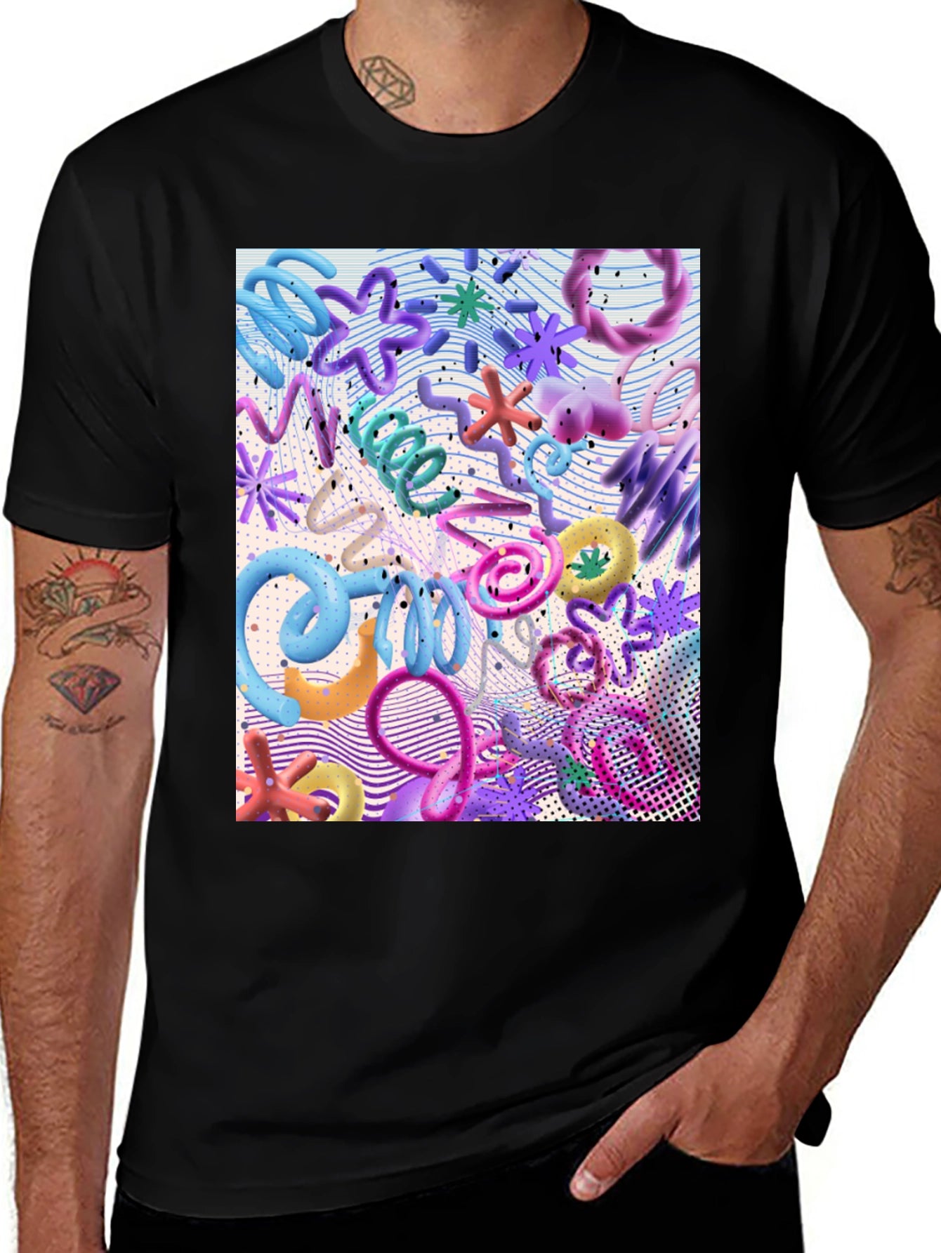 Funky Abstract 3D Shape Print Black T-Shirt