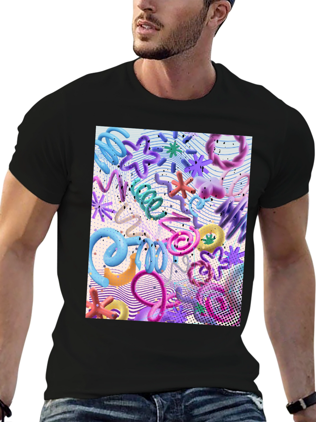Funky Abstract 3D Shape Print Black T-Shirt