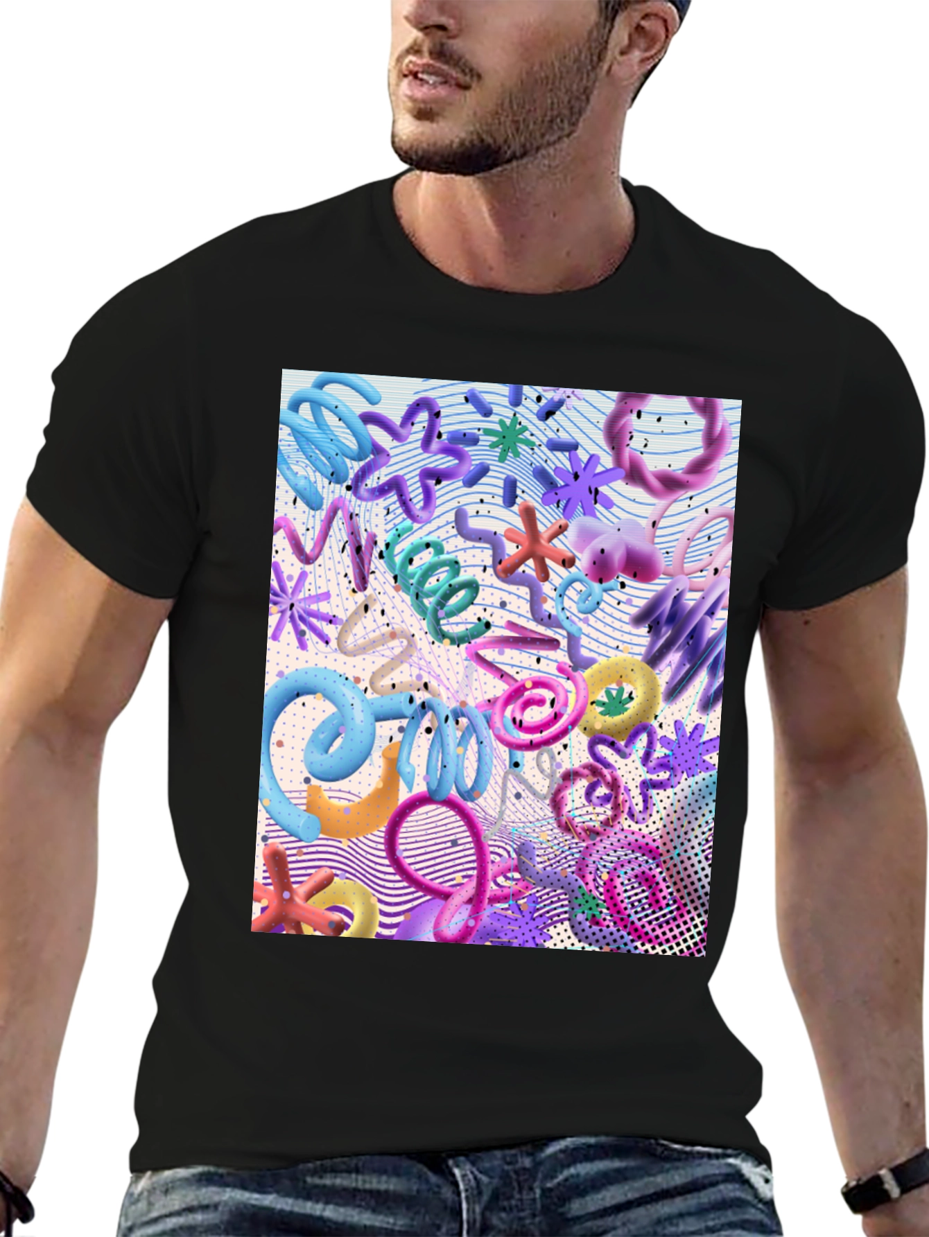 Funky Abstract 3D Shape Print Black T-Shirt