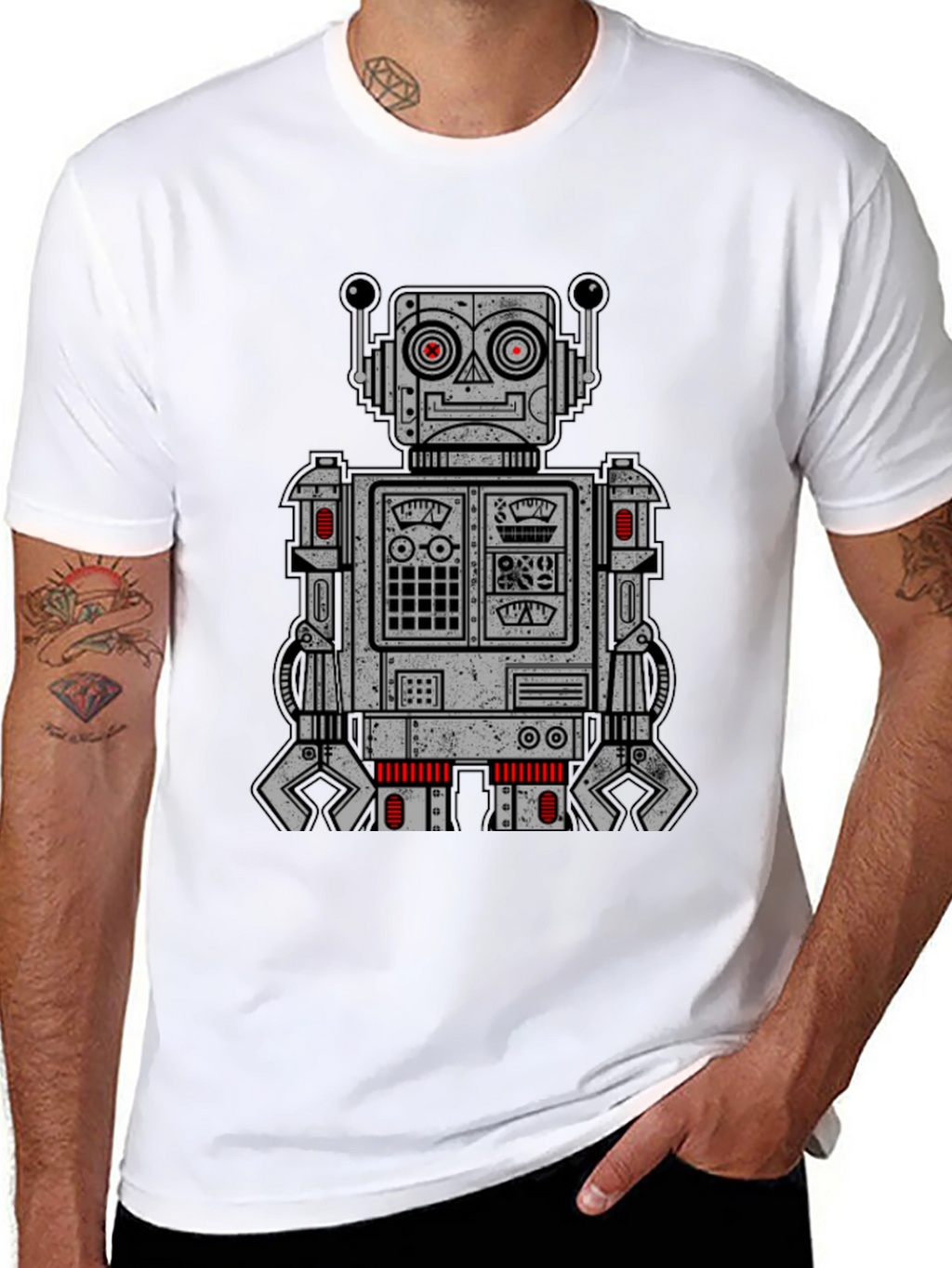 Retro Robot Graphic Print T-Shirt - Black