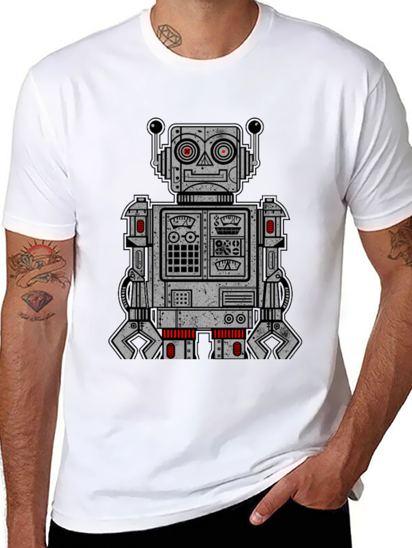 Retro Robot Graphic Print T-Shirt - Black