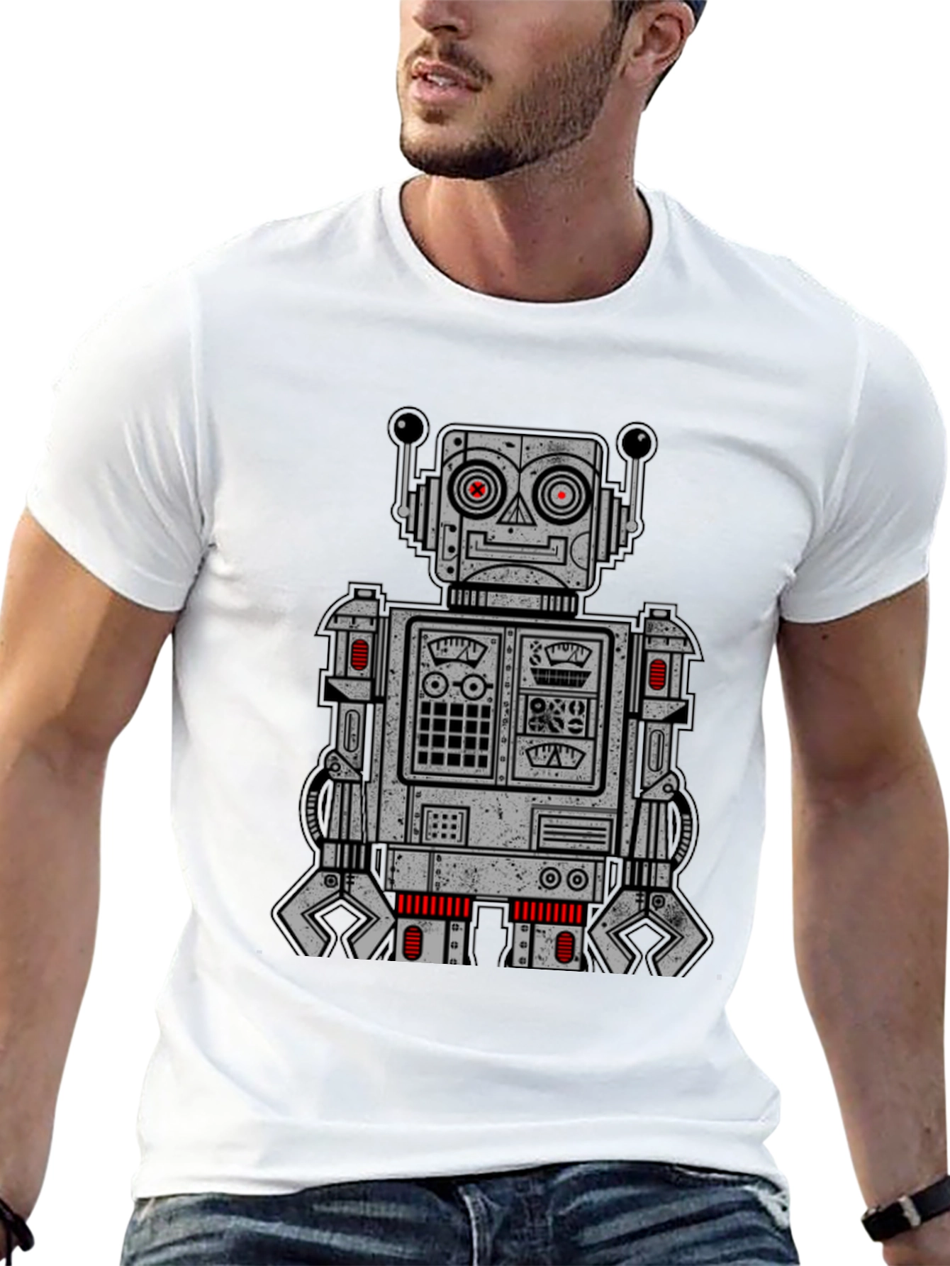 Retro Robot Graphic Print T-Shirt - Black