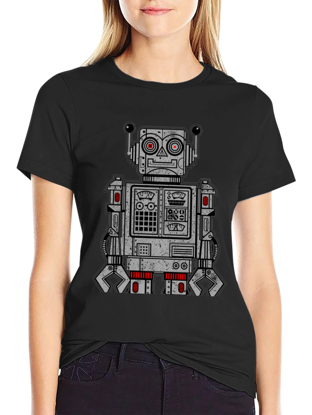 Retro Robot Graphic Print T-Shirt - Black