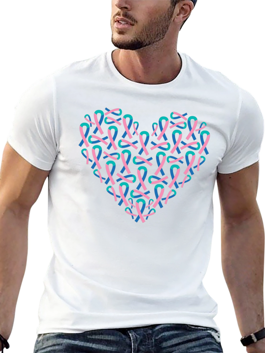 Heart Ribbon T-Shirt - Teal & Pink Design