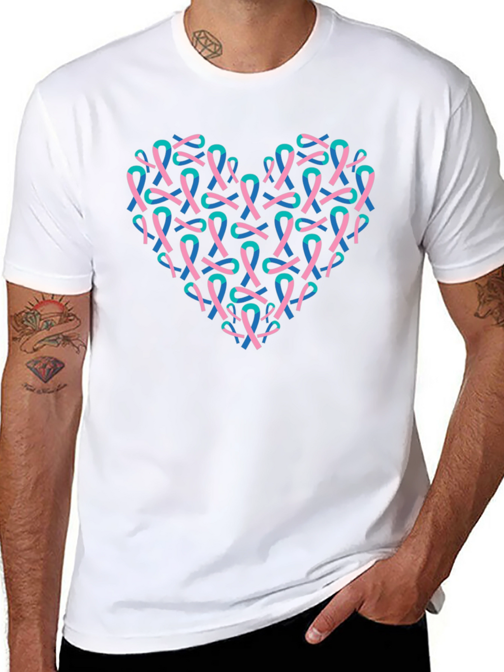 Heart Ribbon T-Shirt - Teal & Pink Design