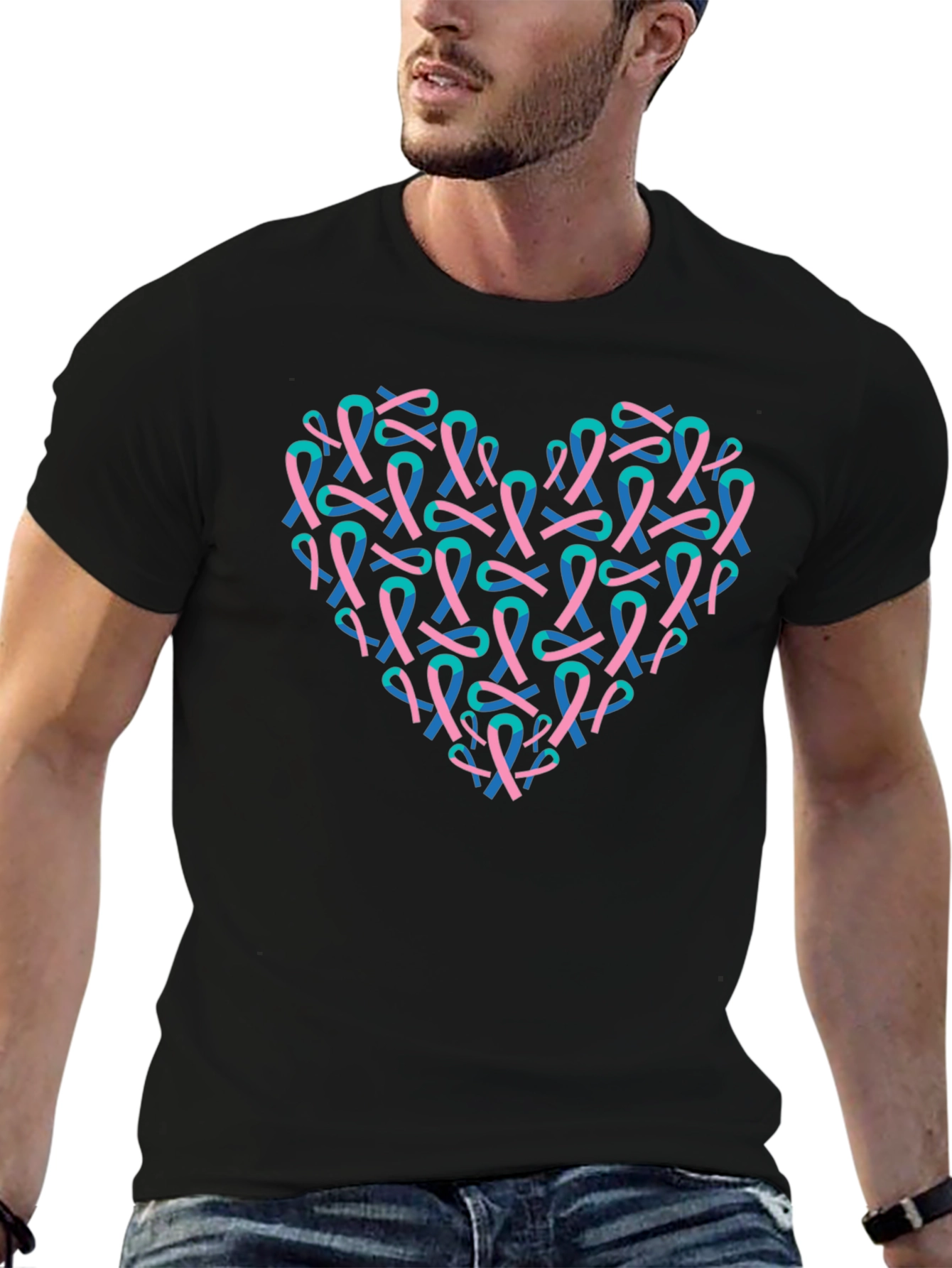 Heart Ribbon T-Shirt - Teal & Pink Design