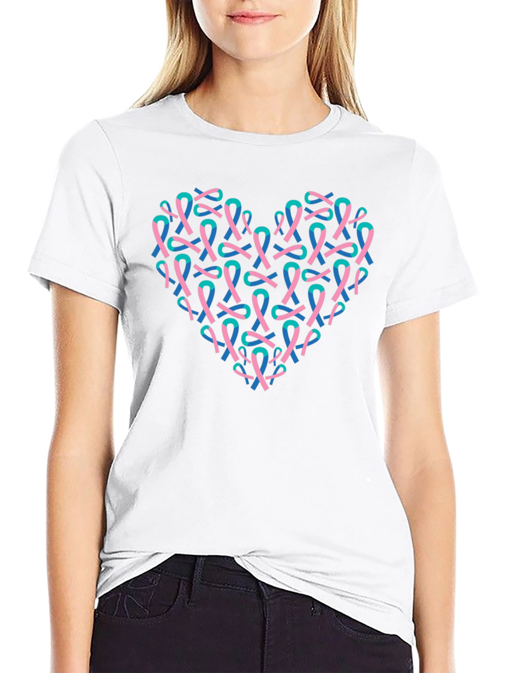 Heart Ribbon T-Shirt - Teal & Pink Design