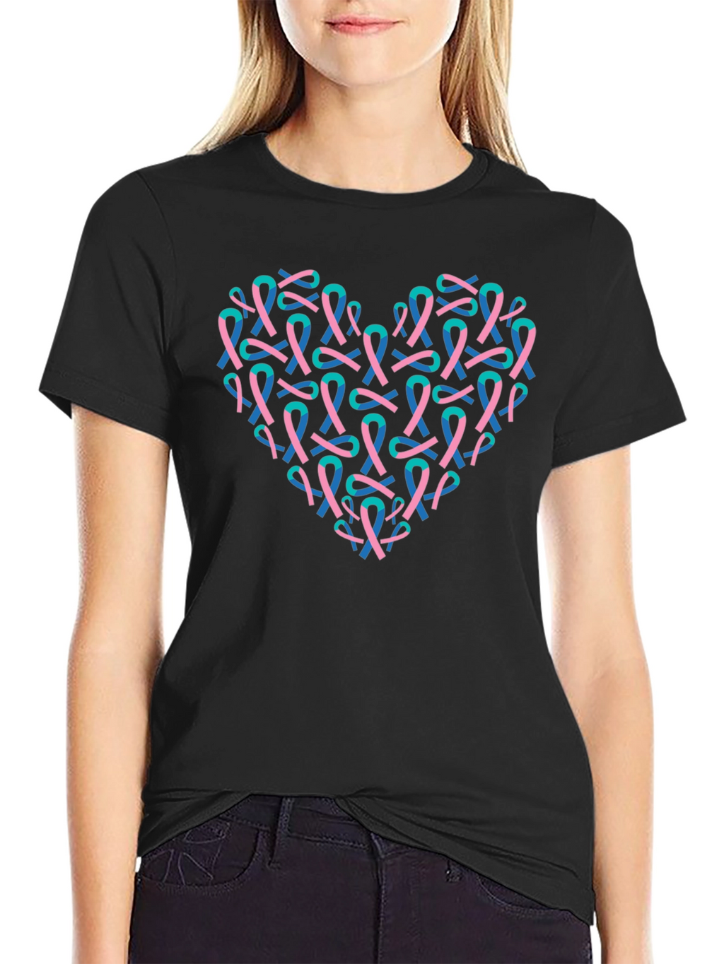 Heart Ribbon T-Shirt - Teal & Pink Design
