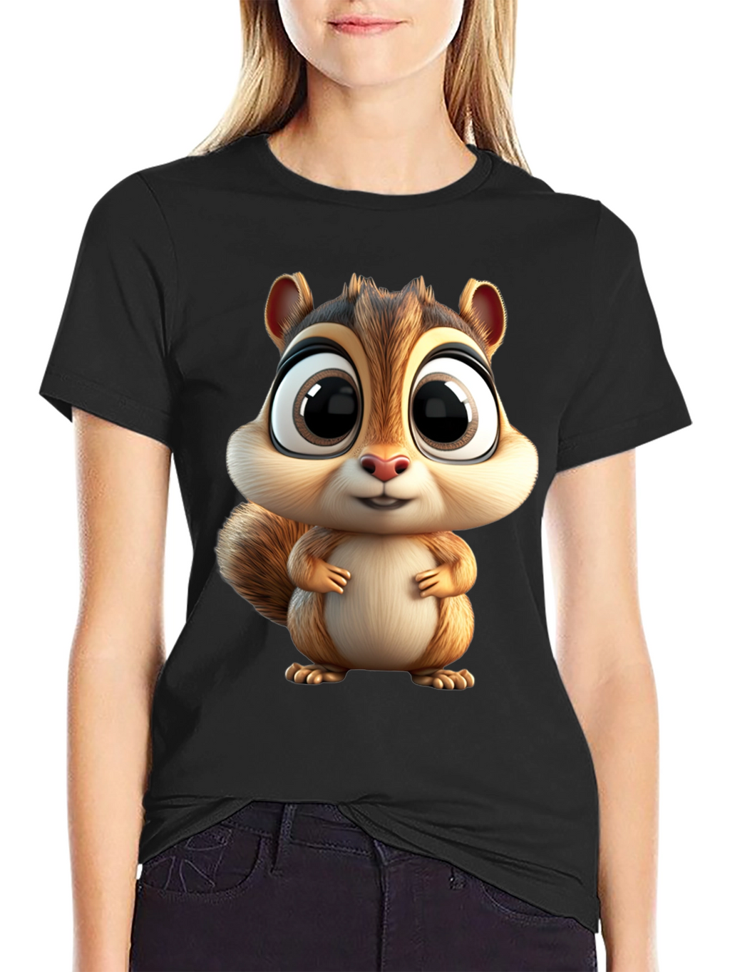 Cute Squirrel Graphic Tee - Black Cotton T-Shirt