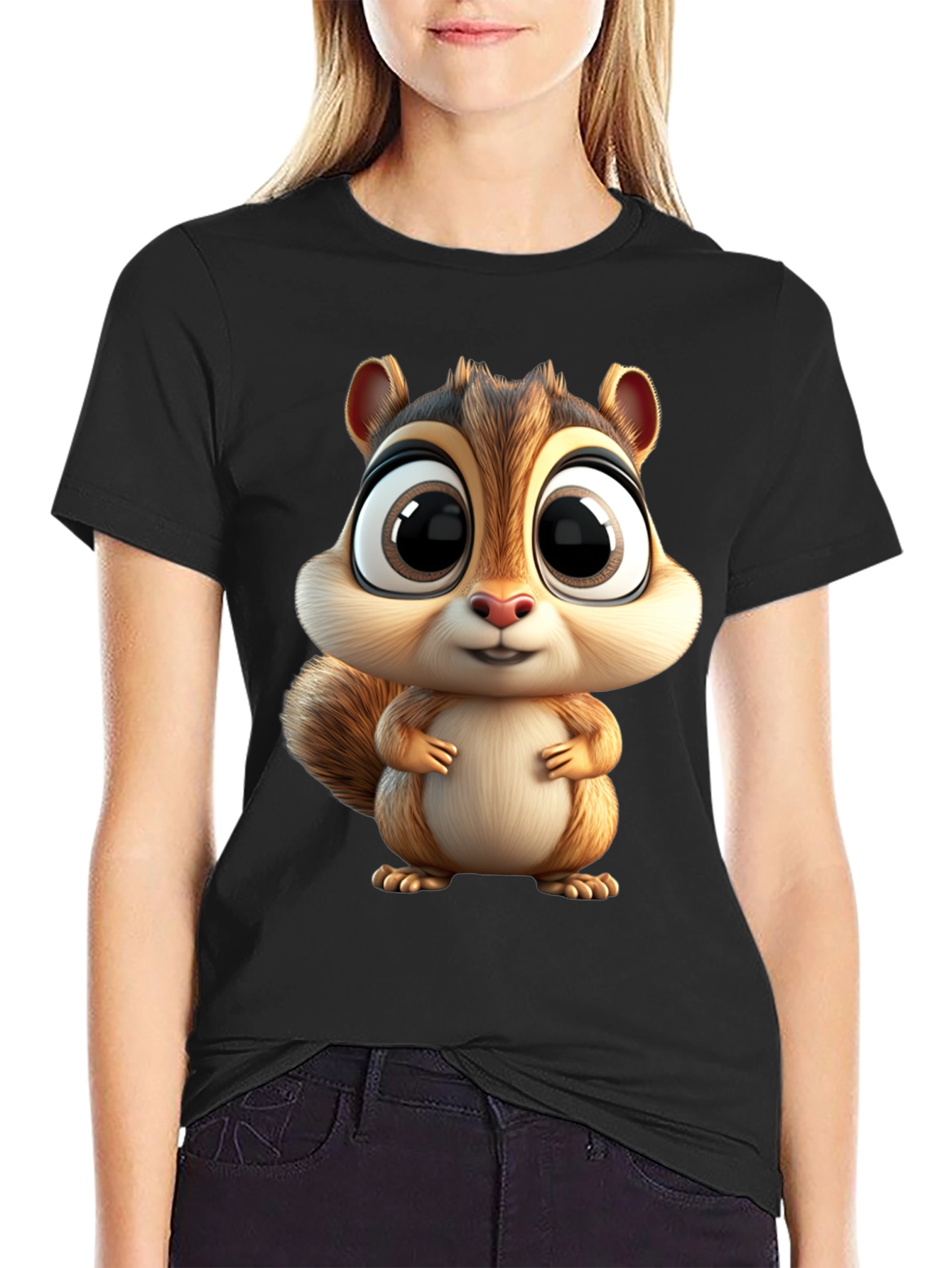 Cute Squirrel Graphic Tee - Black Cotton T-Shirt