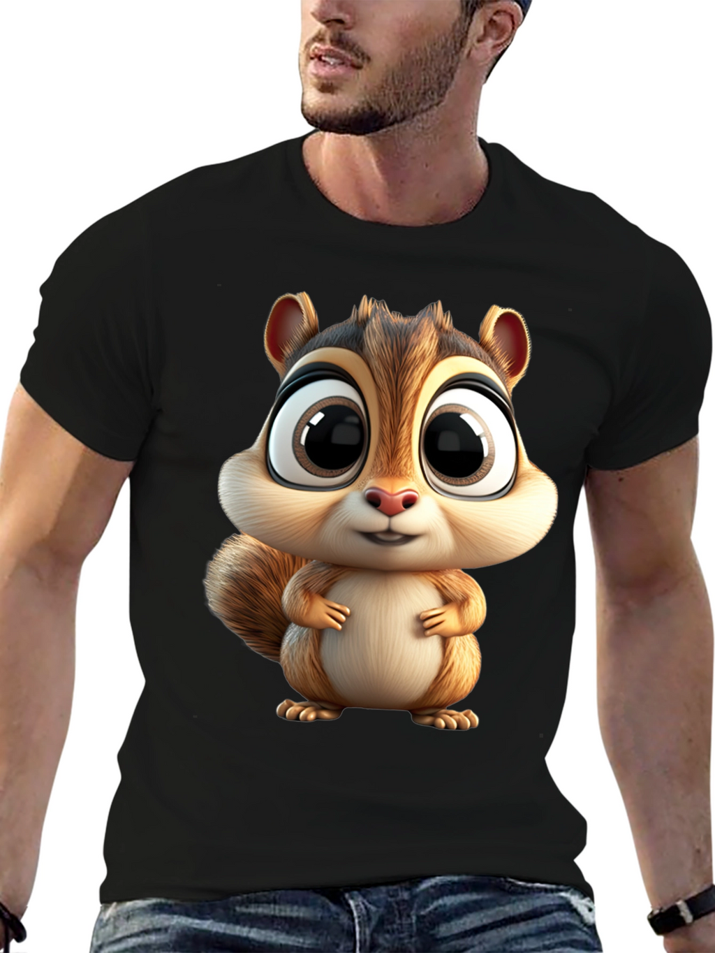 Cute Squirrel Graphic Tee - Black Cotton T-Shirt