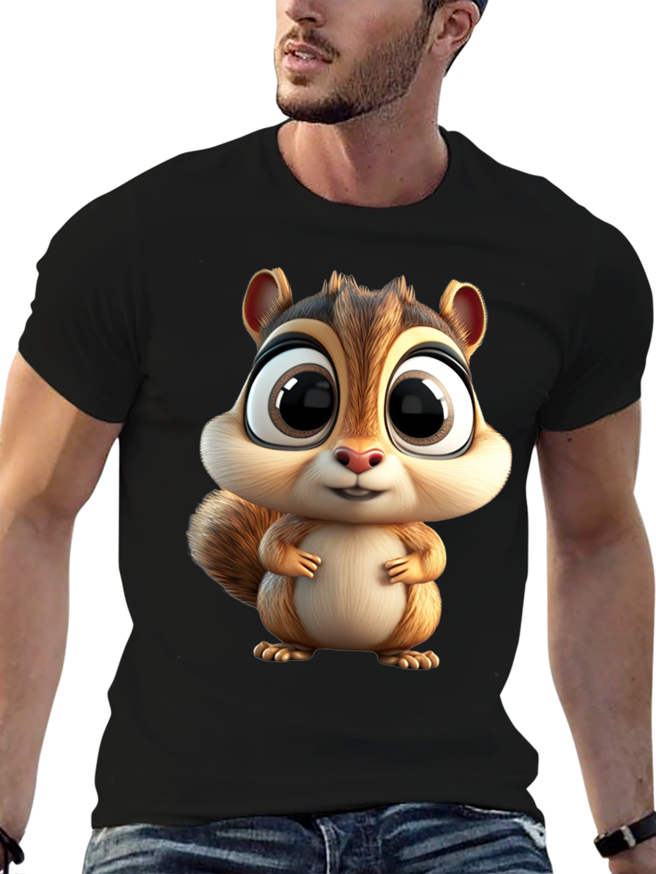 Cute Squirrel Graphic Tee - Black Cotton T-Shirt
