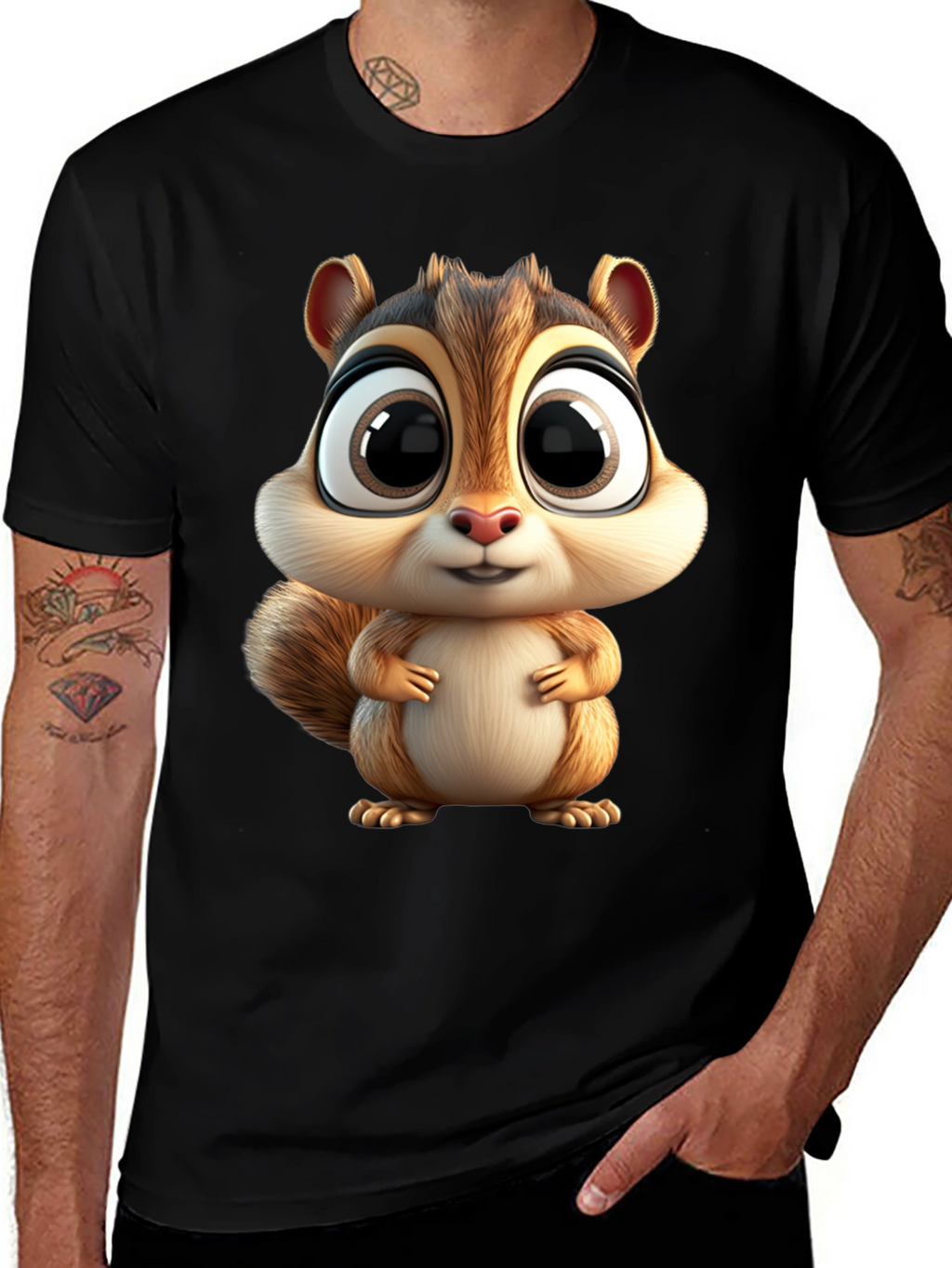 Cute Squirrel Graphic Tee - Black Cotton T-Shirt