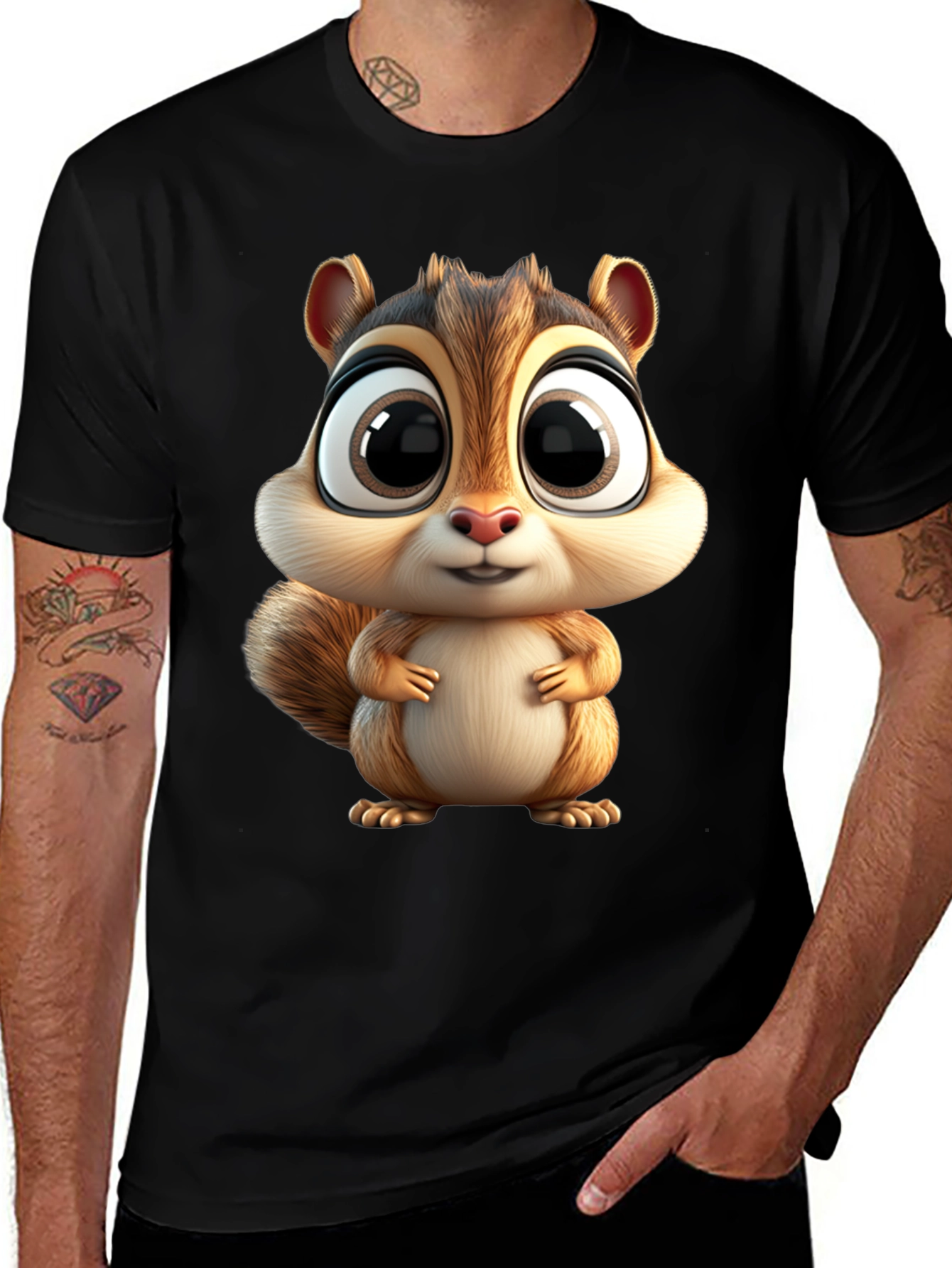 Cute Squirrel Graphic Tee - Black Cotton T-Shirt