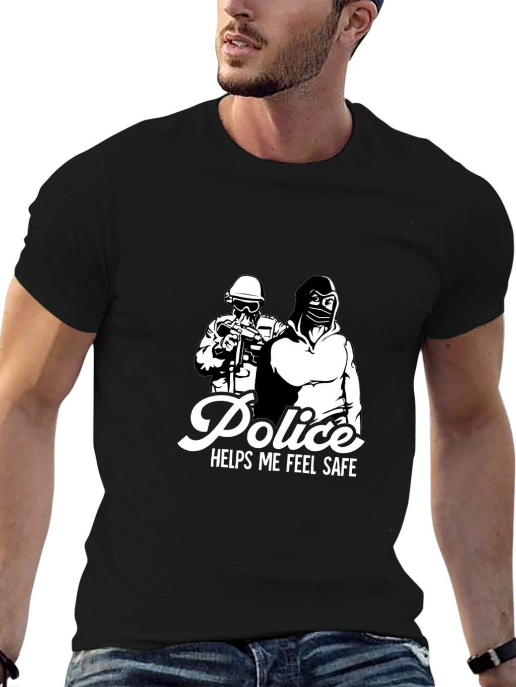 Police Helps Me Feel Safe Black Graphic T-Shirt