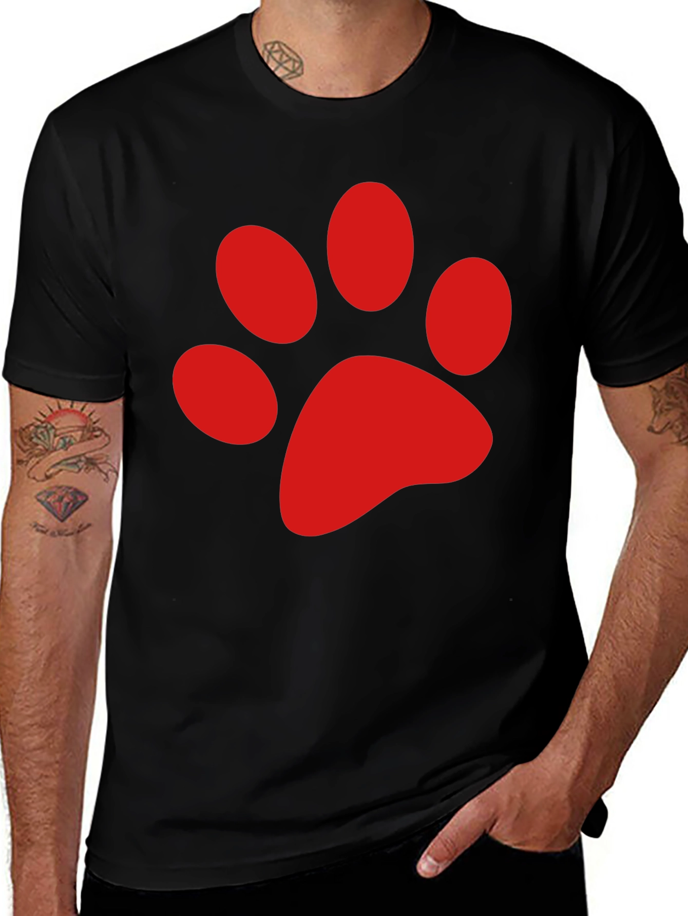 Black Tee with Red Paw Print Design