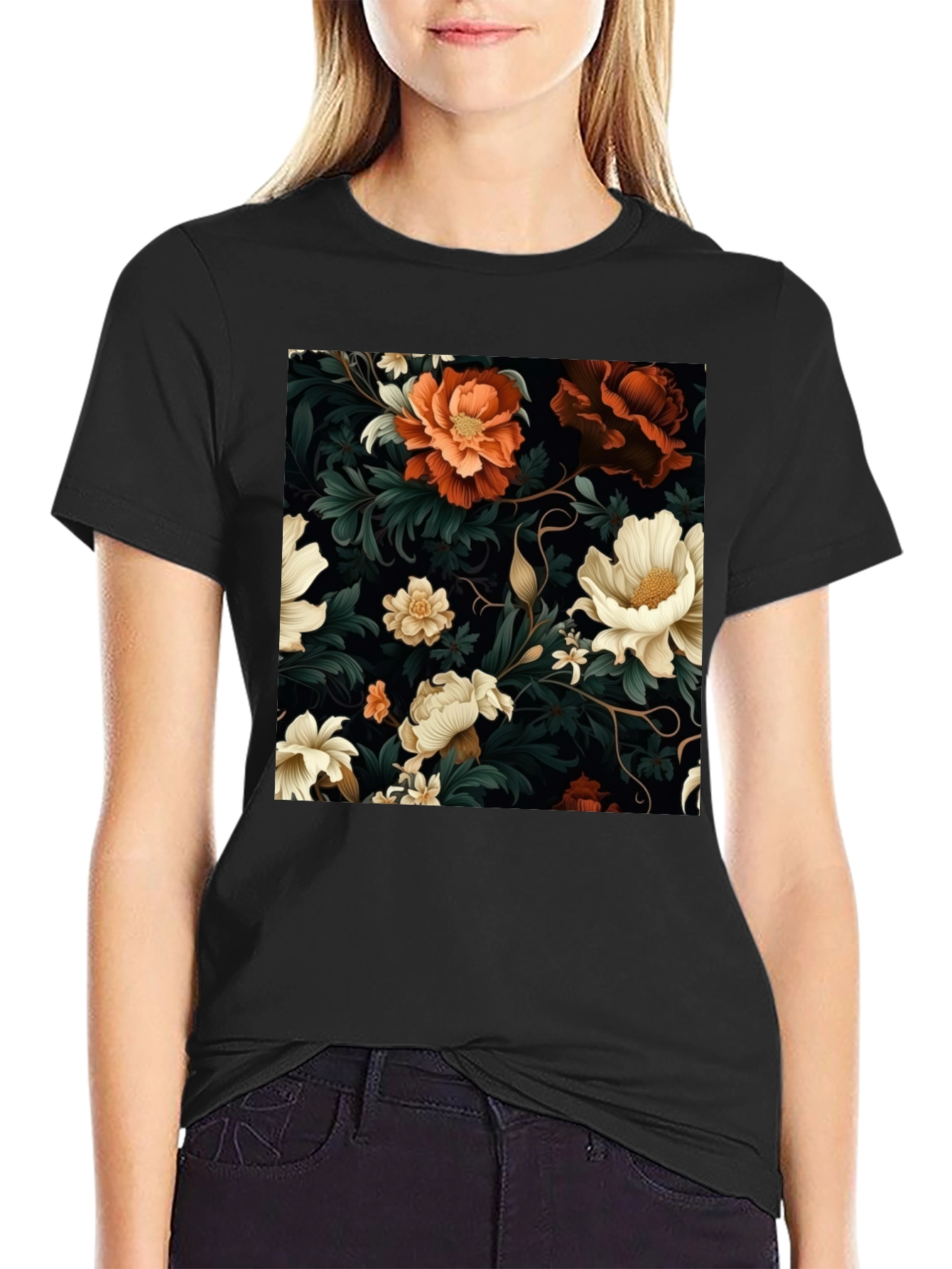 Floral Elegance Black T-Shirt
