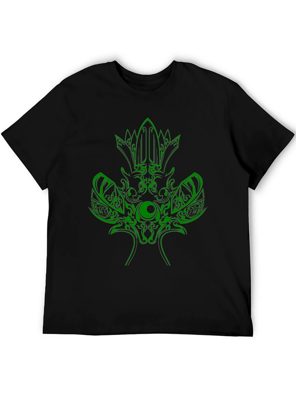 Green Tribal Design Black T-Shirt