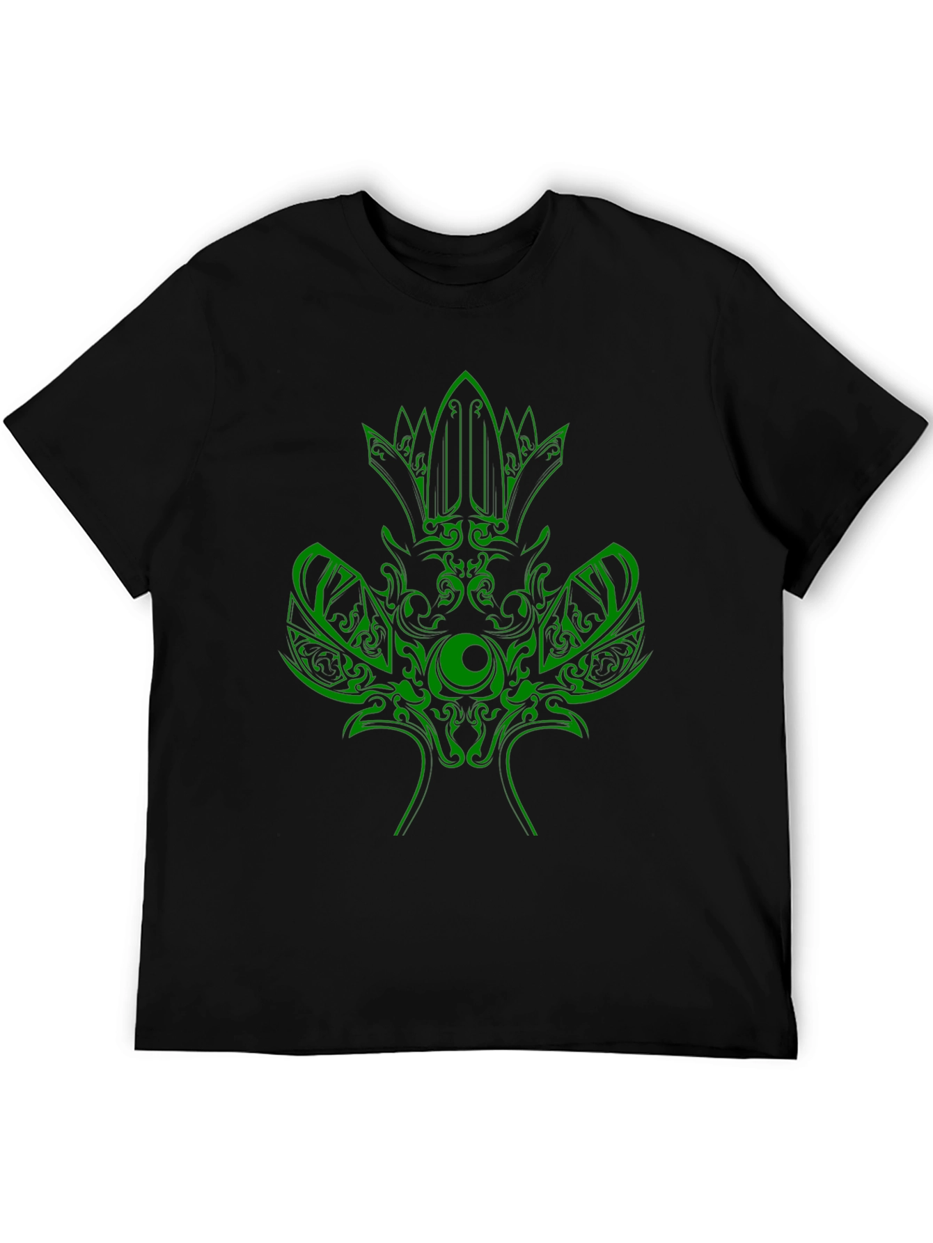 Green Tribal Design Black T-Shirt