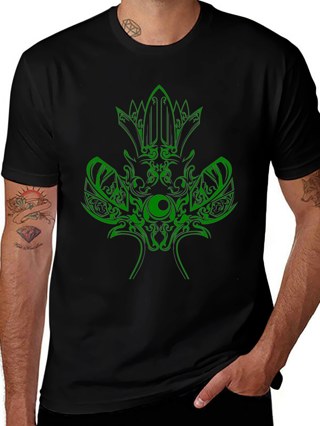 Green Tribal Design Black T-Shirt