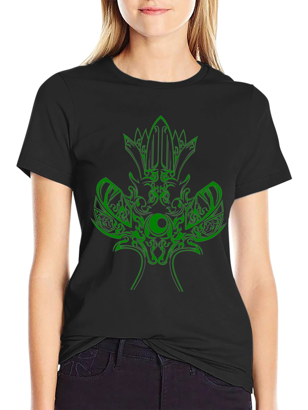 Green Tribal Design Black T-Shirt