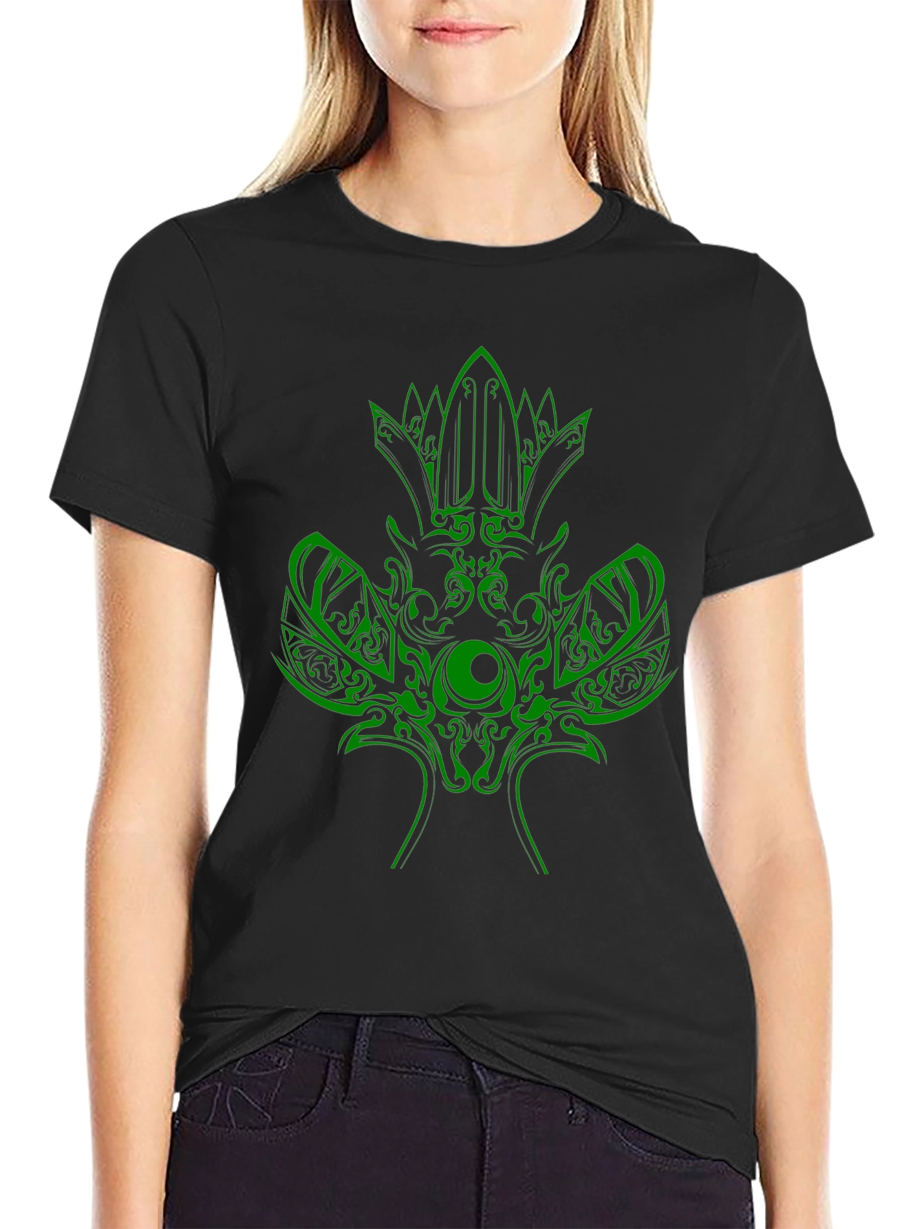 Green Tribal Design Black T-Shirt