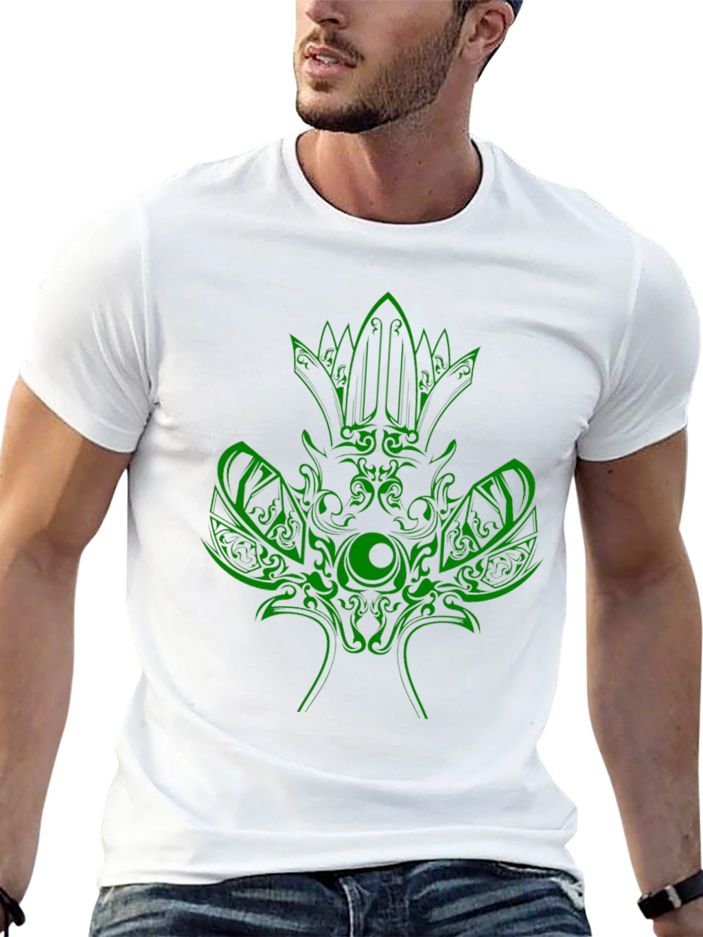 Green Tribal Design Black T-Shirt