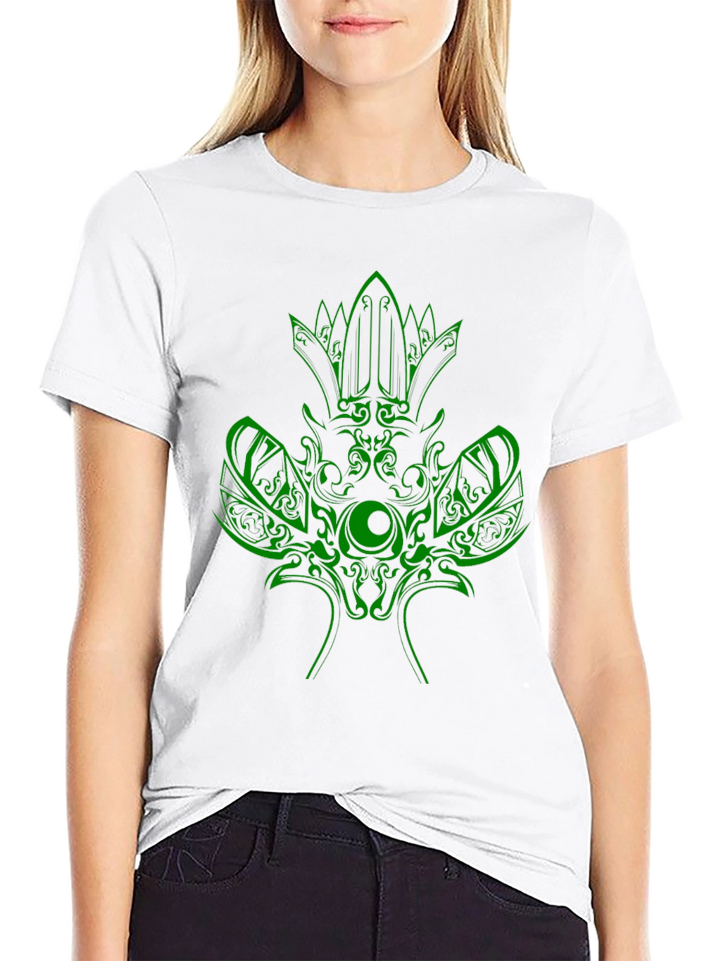 Green Tribal Design Black T-Shirt