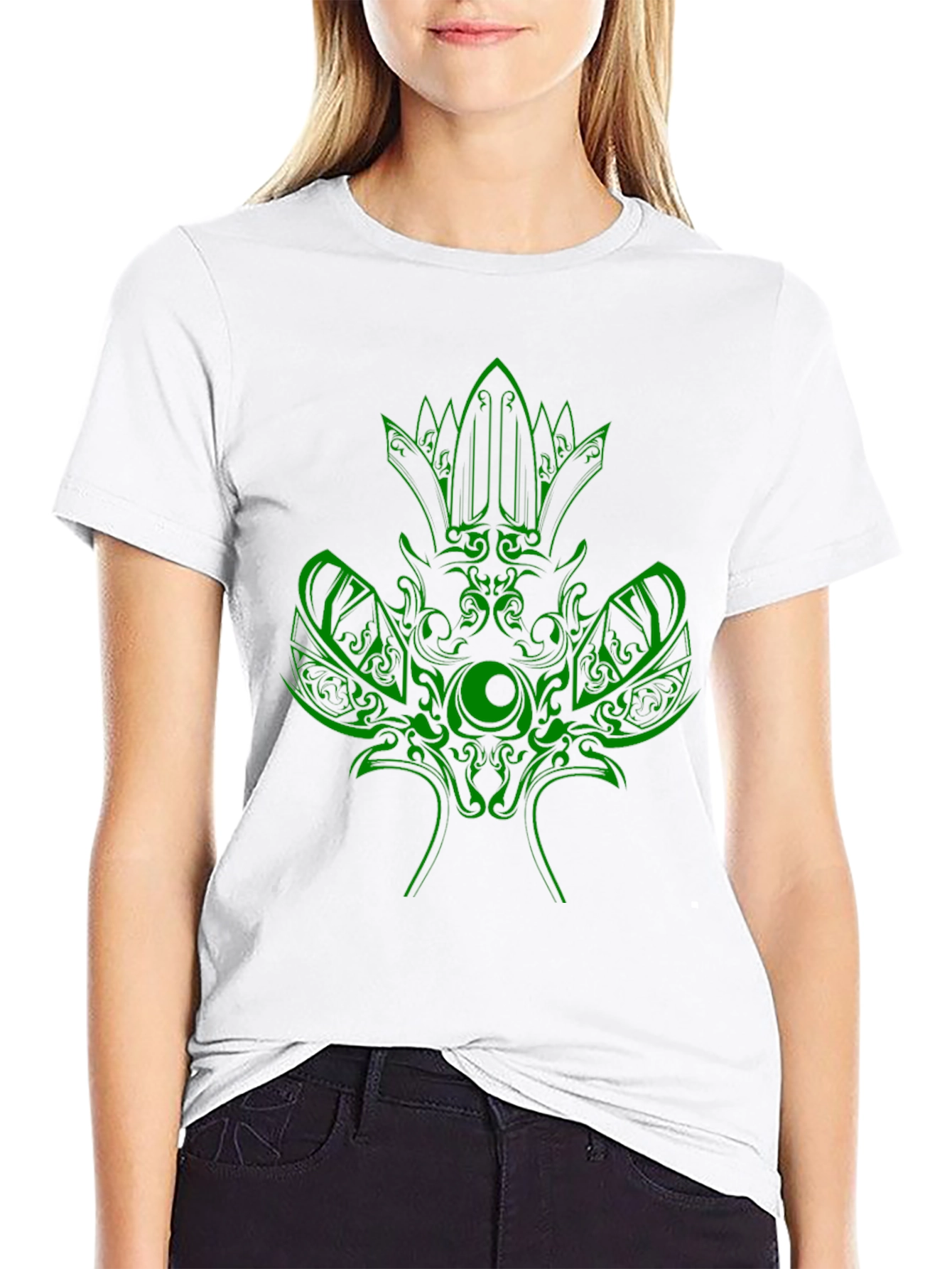 Green Tribal Design Black T-Shirt