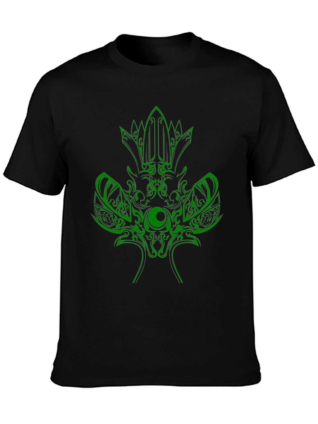 Green Tribal Design Black T-Shirt