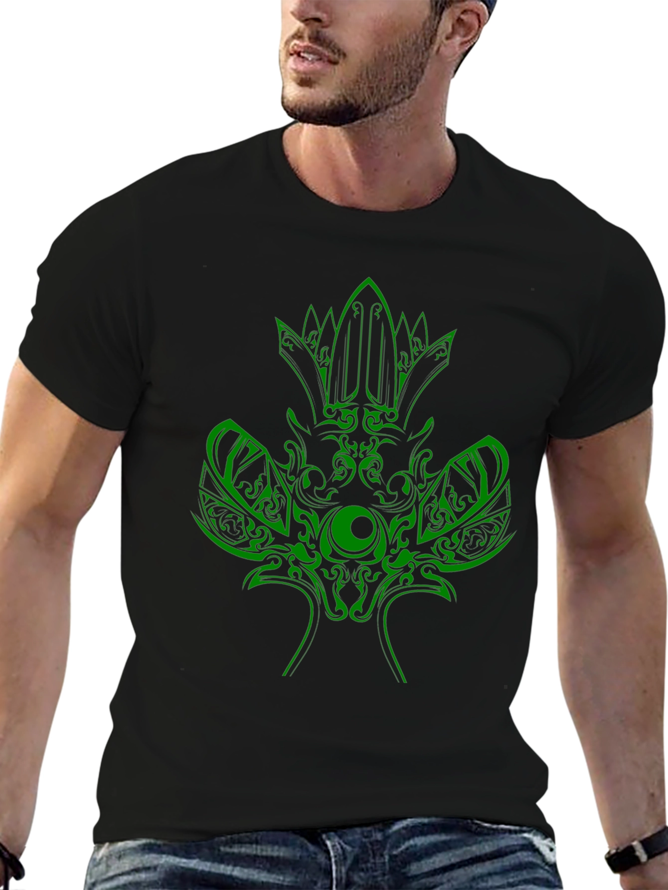 Green Tribal Design Black T-Shirt